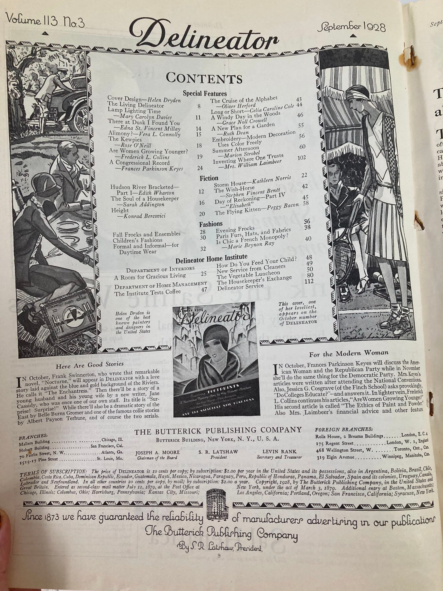 Inside page of the VTG Delineator Magazine November 1928 featuring the table of contents, showcasing period content and the magazine's vintage design elements.