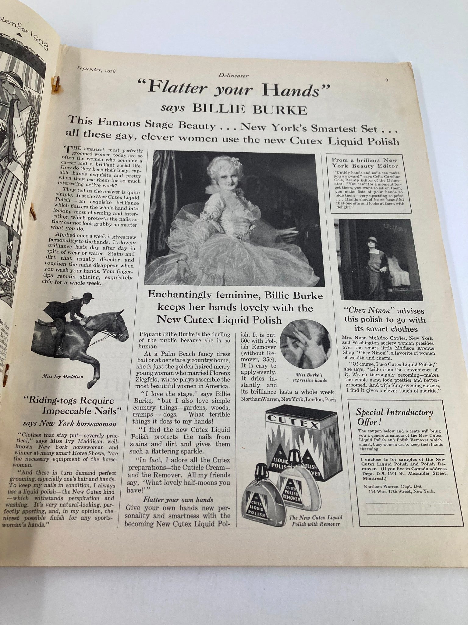 Interior page of VTG Delineator Magazine from November 1928 featuring an advertisement for Cutex Liquid Polish, with a photo of Billlie Burke and other elegant women.