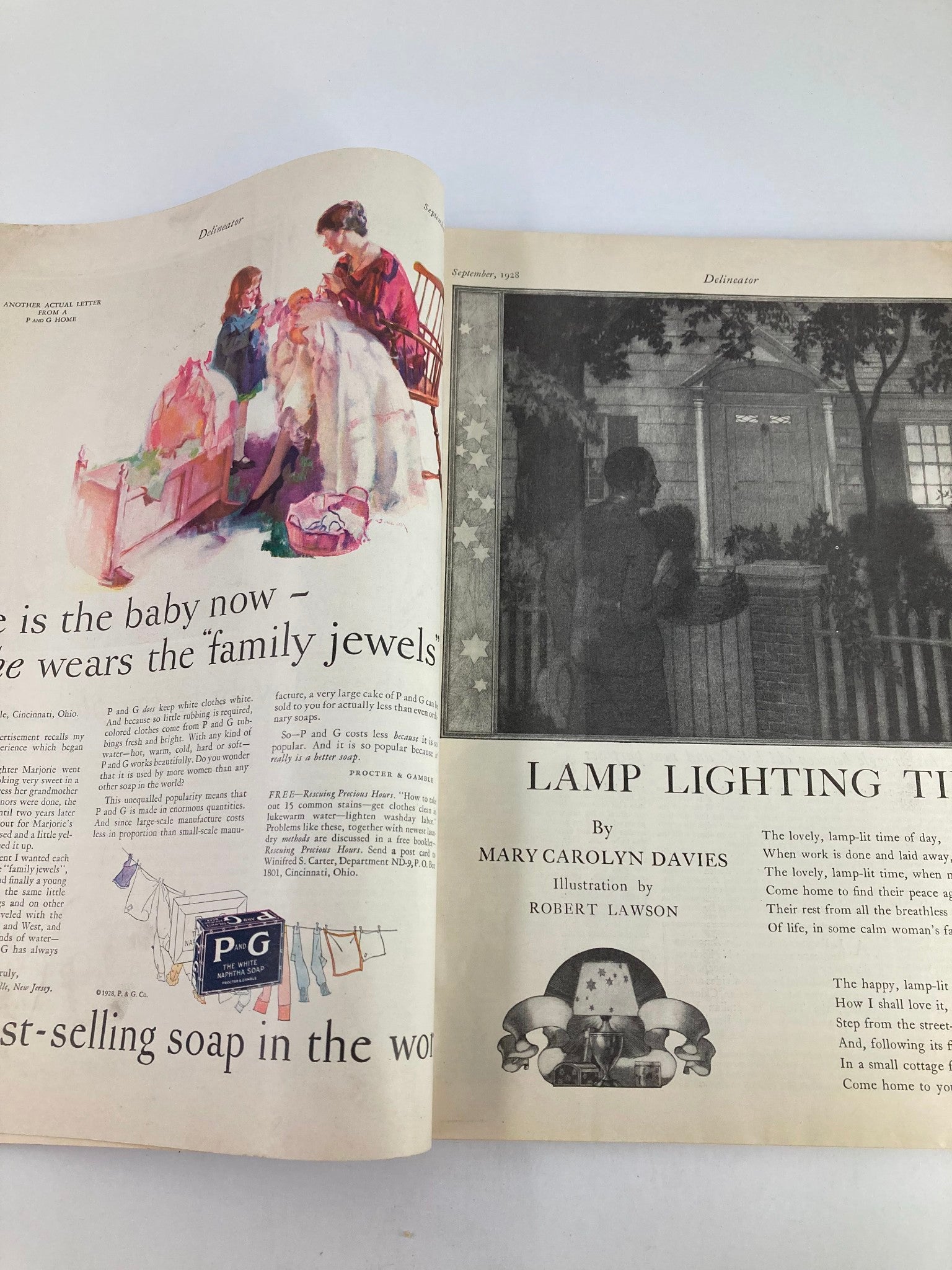 Interior page of VTG Delineator Magazine from September 1928 showcasing a family scene with women dressed in dresses and a baby, emphasizing family traditions and jewelry.