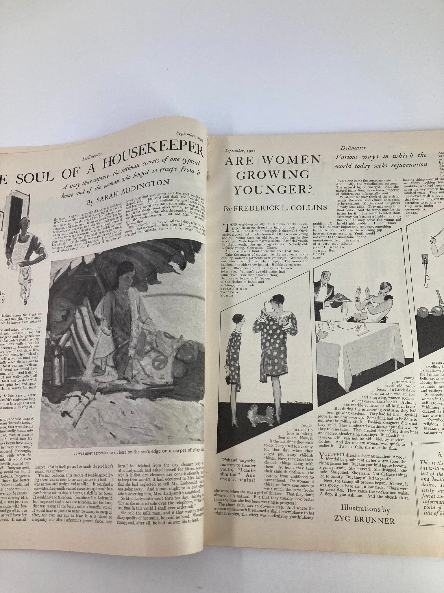 Interior page of VTG Delineator Magazine from September 1928 discussing housekeeping, featuring illustrations by Zyg Brunner and written by Sarah Addington.