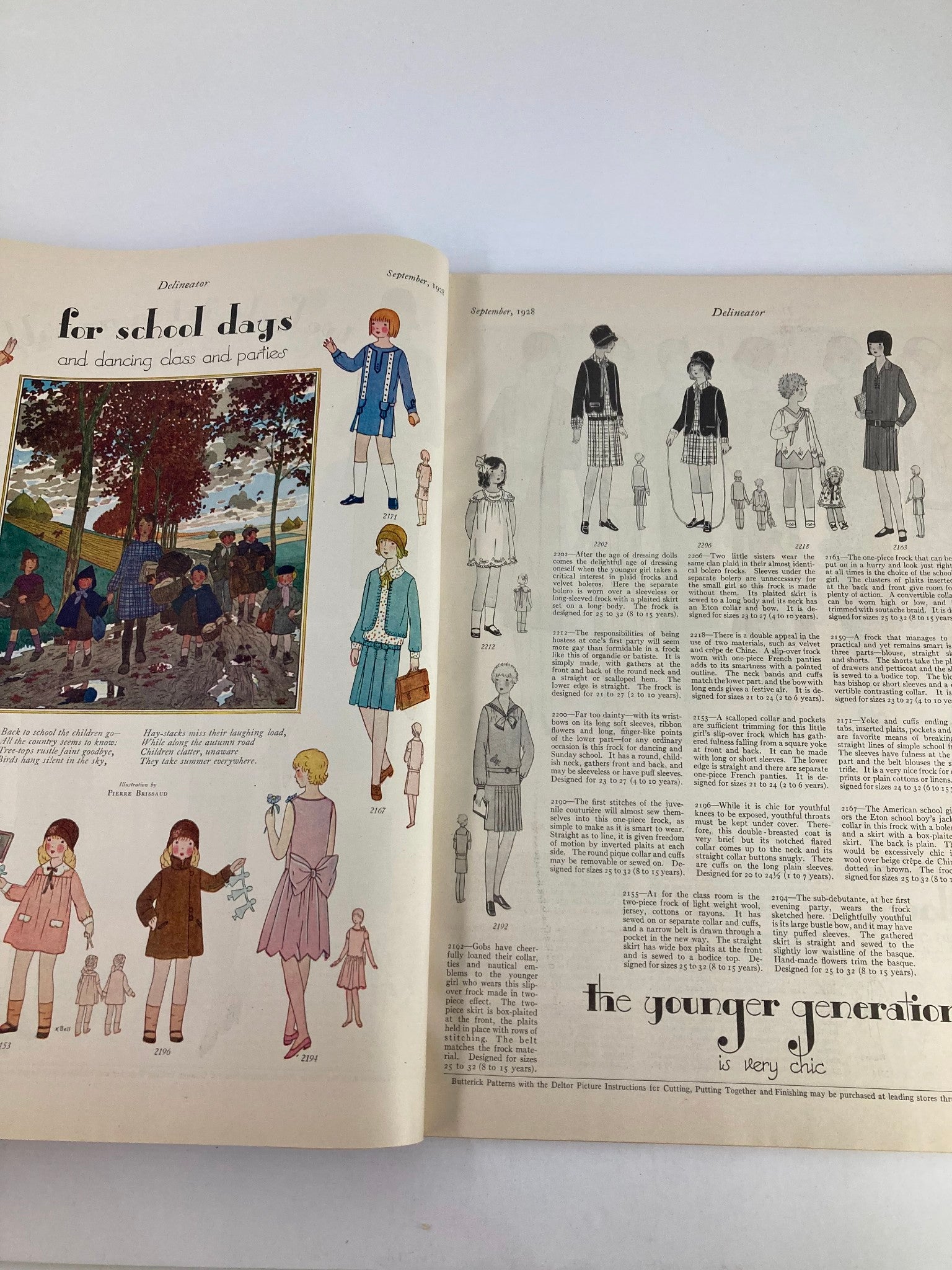 Interior page of VTG Delineator Magazine from September 1928 focusing on children's fashion with illustrations, including styles for school days and family events.