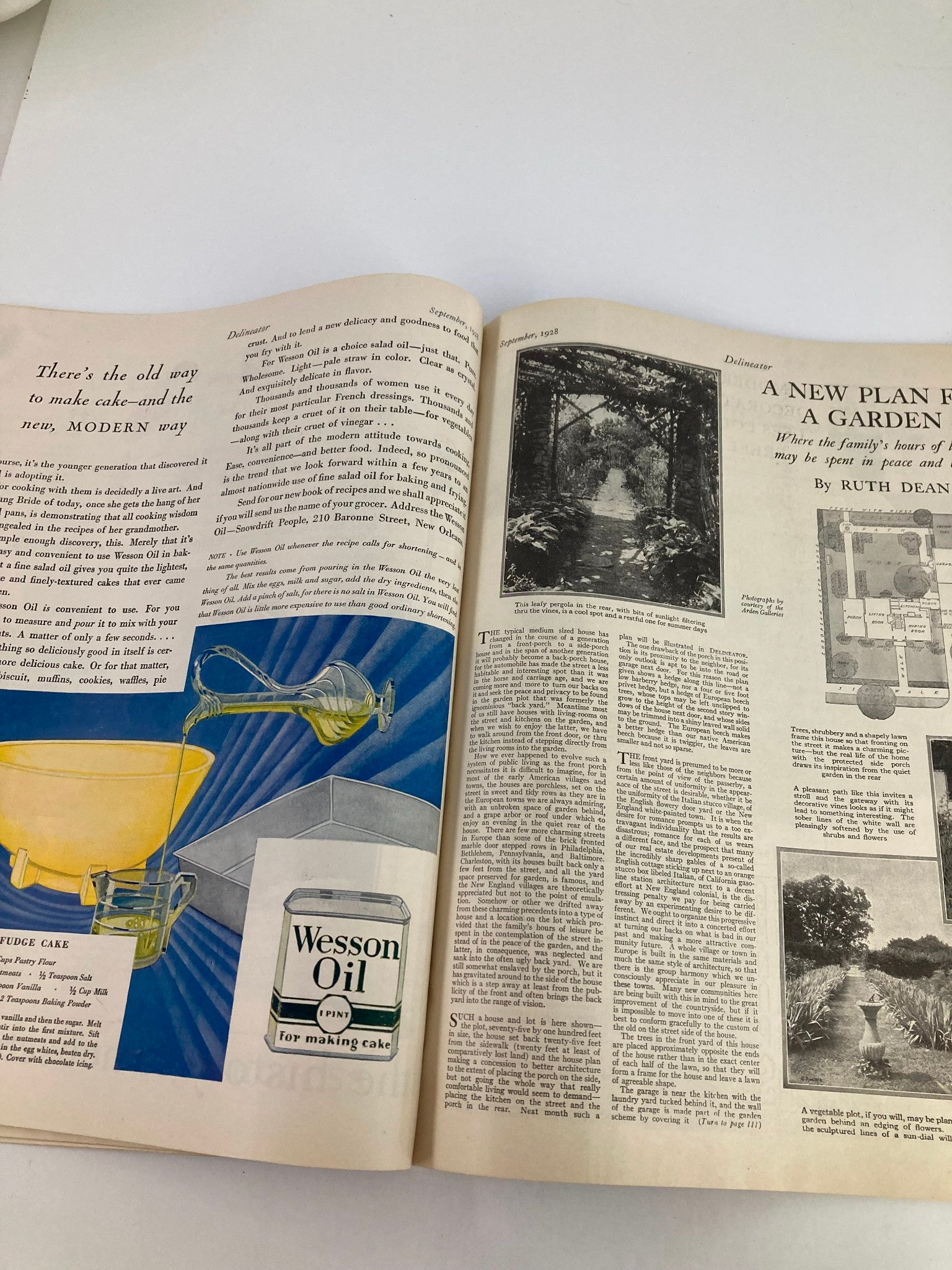 Interior page of VTG Delineator Magazine November 1928 by Helen Dryden featuring an article about modern home innovations and Wesson Oil advertisement.