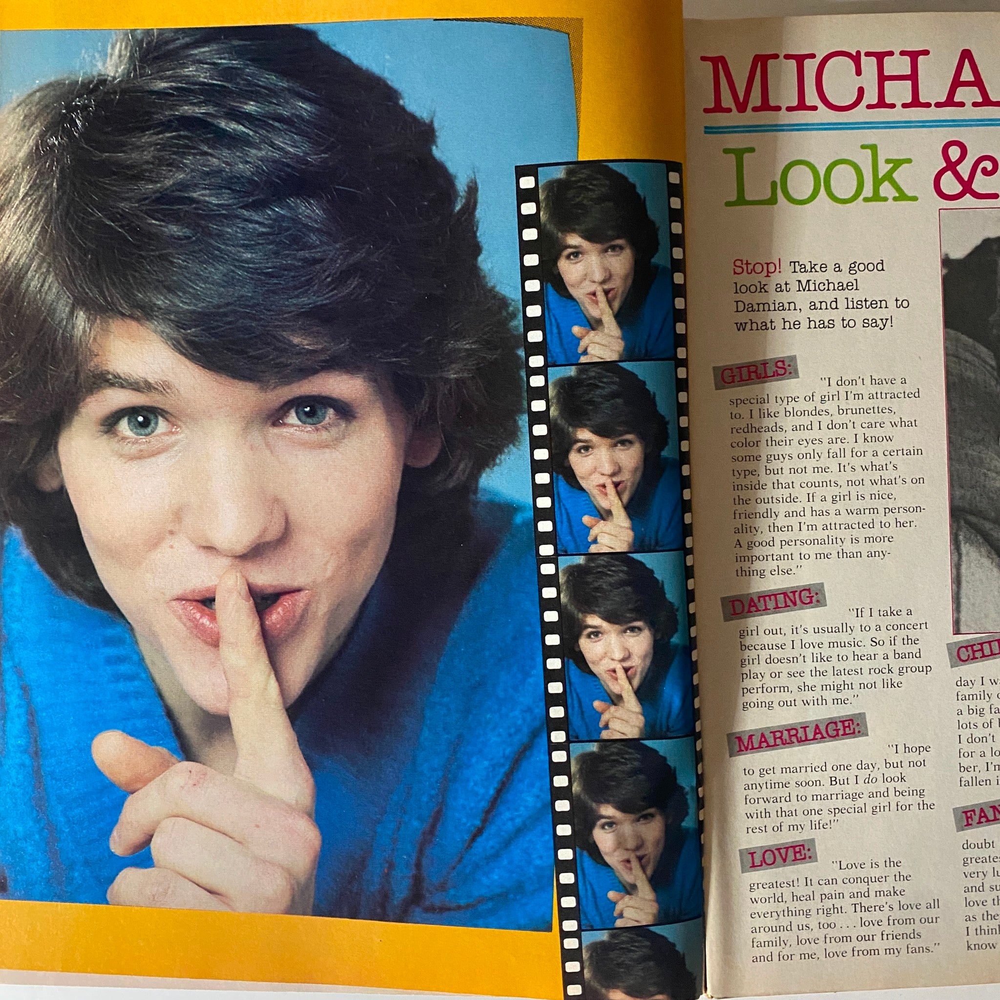 Inside page of Tiger Beat Magazine March 1981 featuring Michael Damian in a series of playful images, highlighting his candid interview on relationships and dating.
