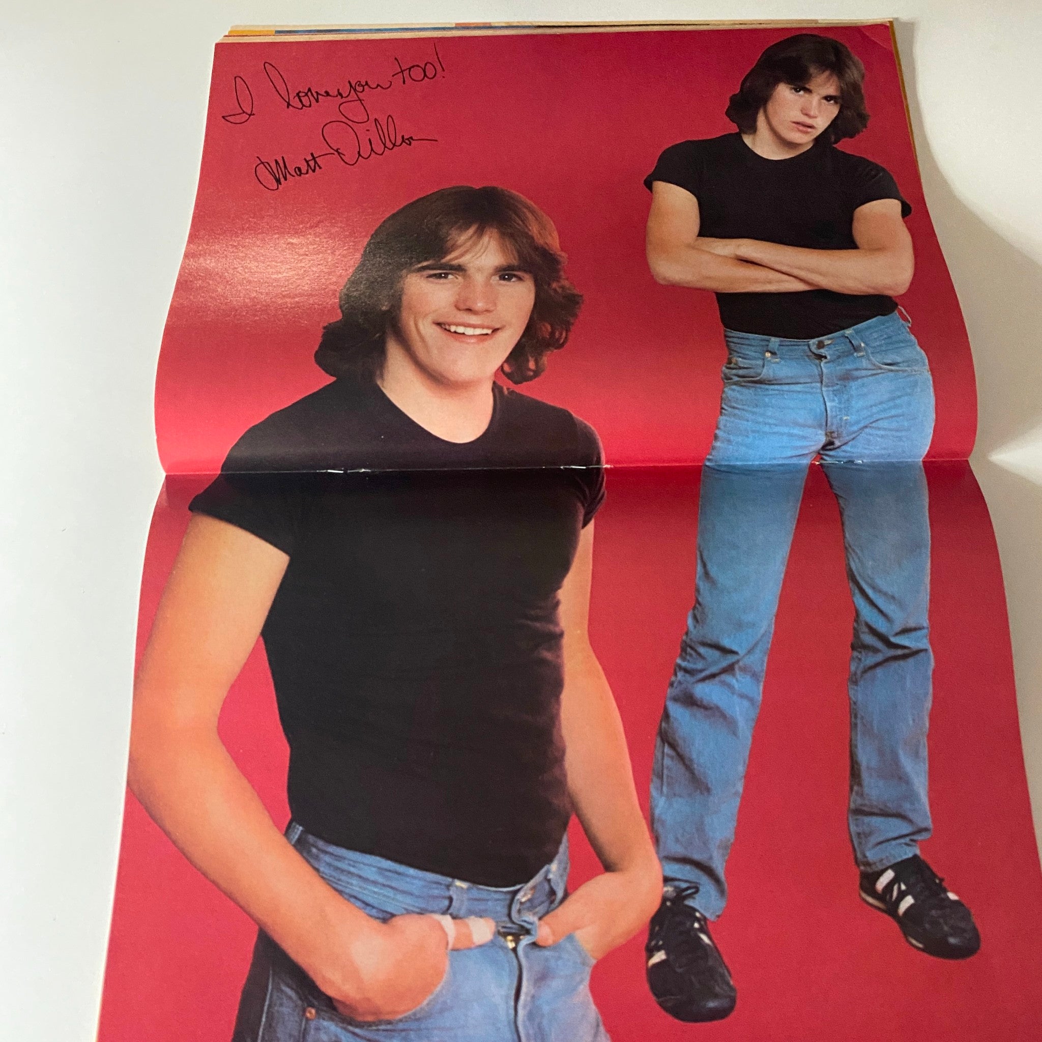 Pull-out poster from Tiger Beat Magazine March 1981 of Matt Dillon, signed, displaying the popular teen idol in a stylish black shirt, resonating with fans of 80s nostalgia.