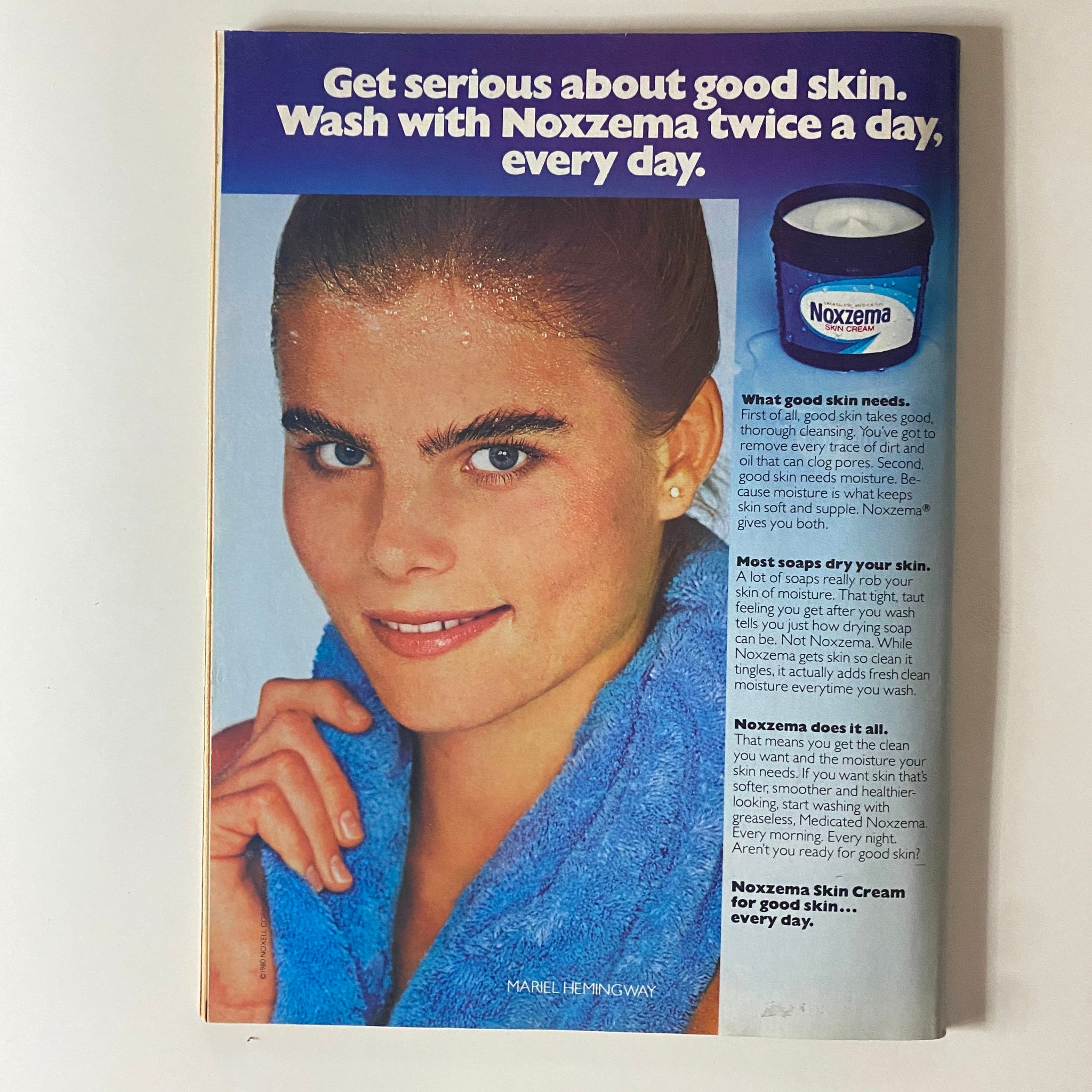 Vintage advertisement featuring Mariel Hemingway promoting Noxzema skin cream. The ad emphasizes the importance of good skin care with the tagline 'Get serious about good skin. Wash with Noxzema twice a day, every day.' This image is from the Tiger Beat Magazine March 1981 issue featuring Matt Dillon on the cover.