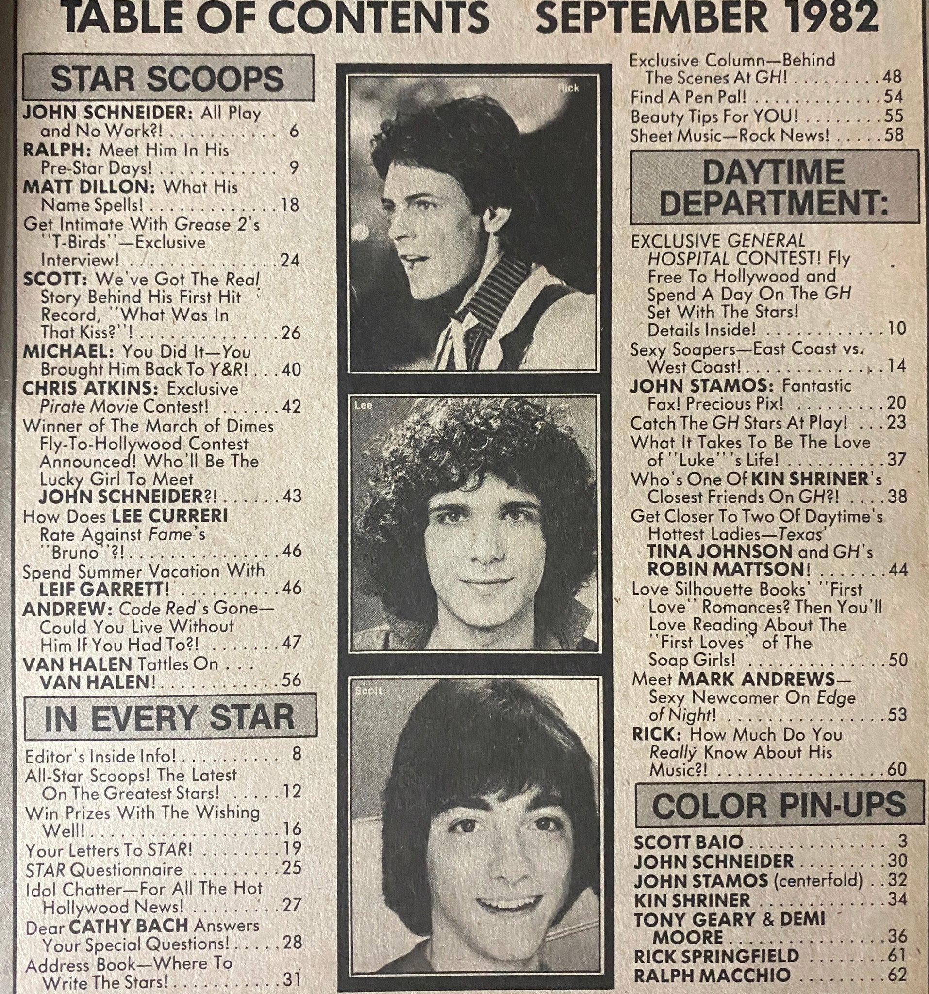 Table of Contents page from Tiger Beat Star Magazine September 1982 showcasing articles and celebrity interviews including John Schneider and Ralph Macchio.