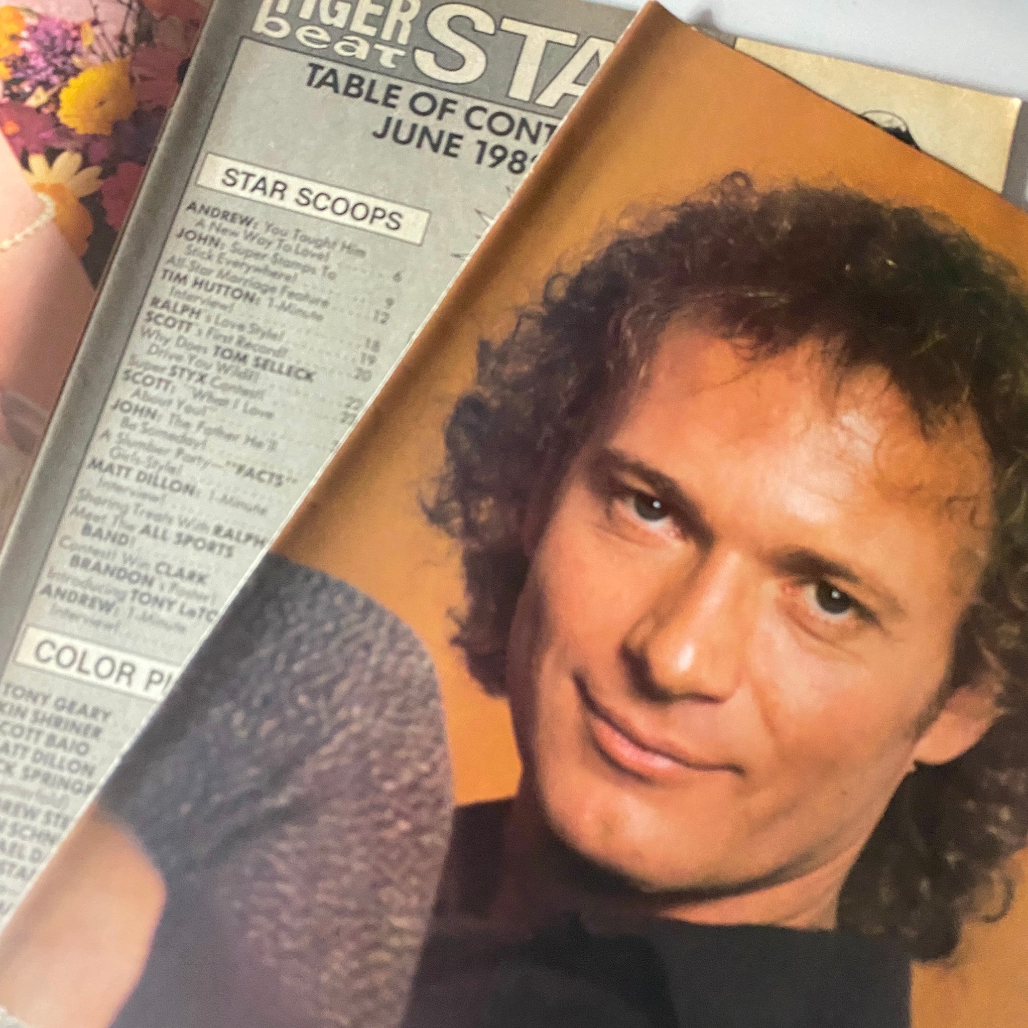 Inside page of Tiger Beat Star Magazine June 1982 showcasing a table of contents and a celebrity portrait, highlighting popular stars of the 1980s.