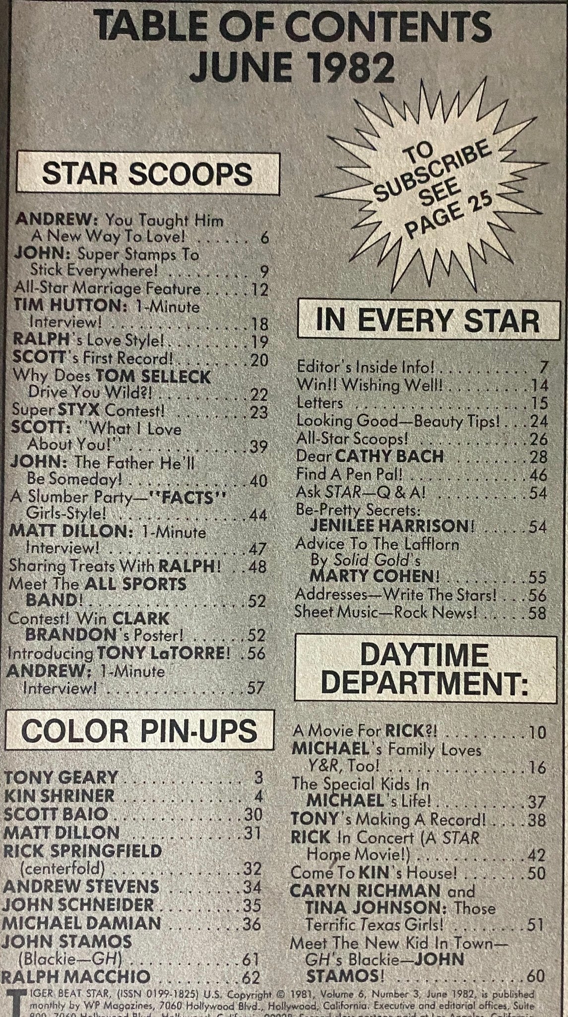 Table of contents from Tiger Beat Star Magazine June 1982, featuring article highlights on teen idols including Ralph Macchio and Scott Baio.