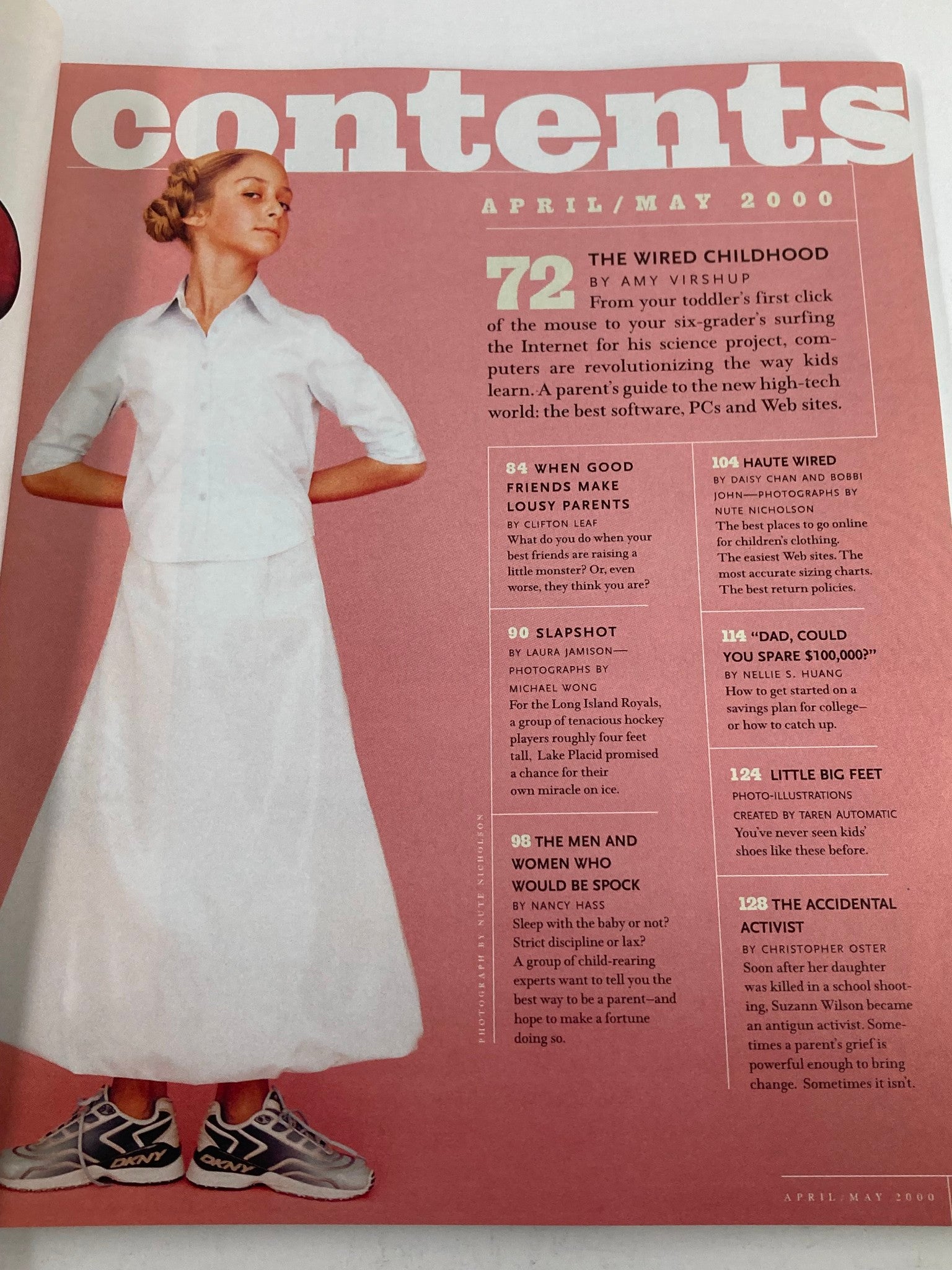 Contents page of Offspring Smart Parenting Magazine April May 2000, showcasing articles including 'The Wired Childhood' and other parenting topics related to technology.