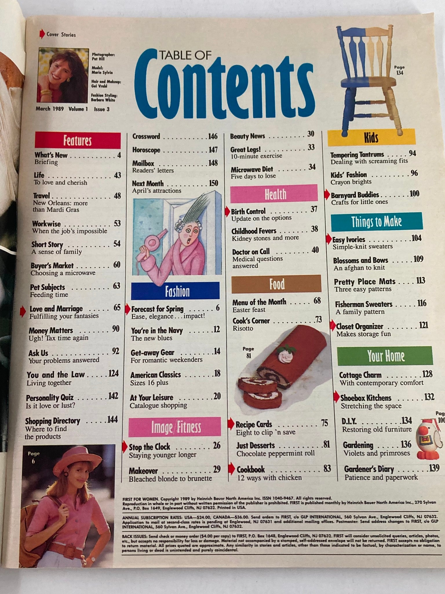 Table of Contents from VTG First for Women Magazine March 1989 Vol 1 #3 featuring sections on fashion, health, food, beauty news, and more, showcasing the diverse topics covered in this vintage issue.