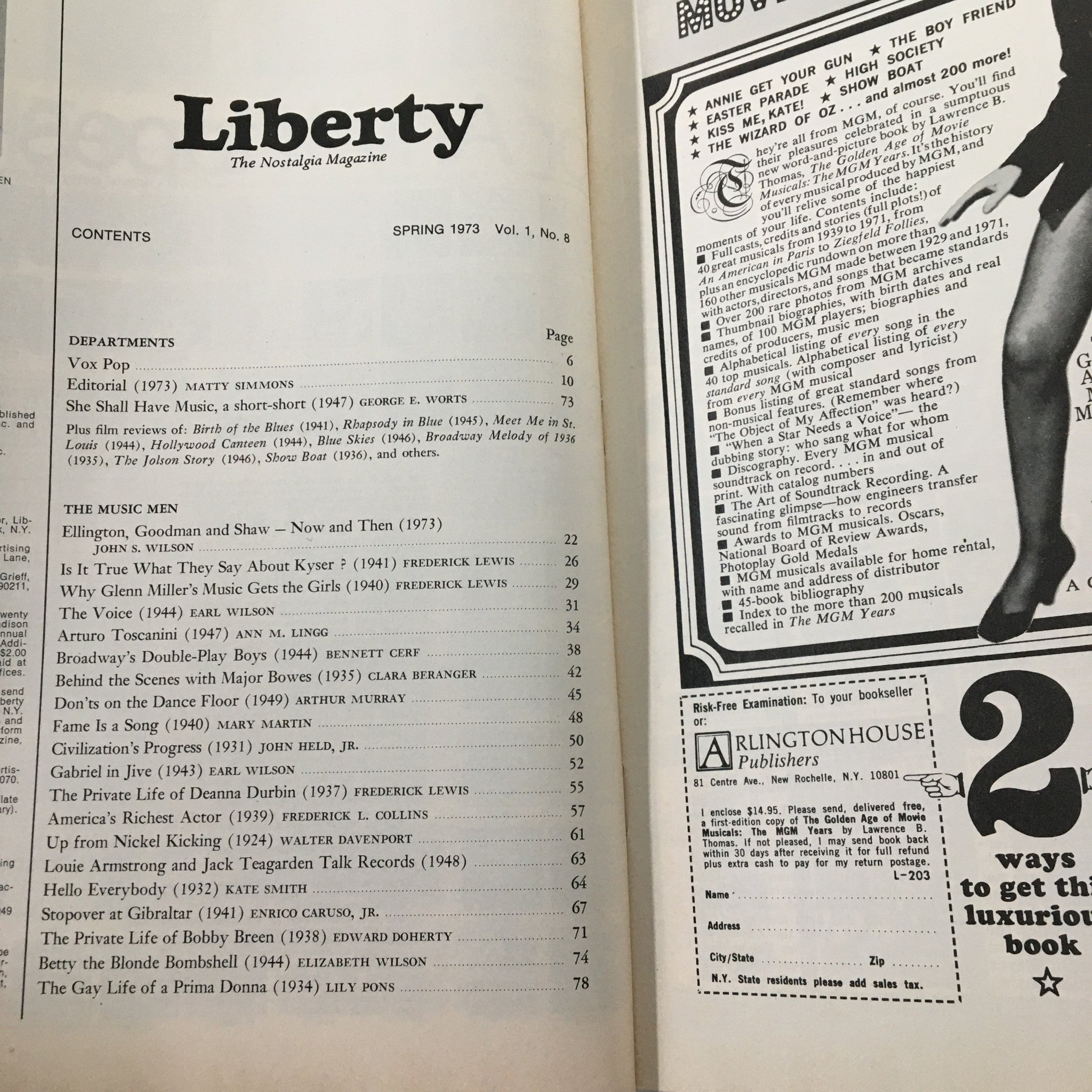 Inside page of Liberty Magazine Spring 1973 with contents listing articles and features related to jazz history, including sections on Benny Goodman, Artie Shaw, and Duke Ellington.