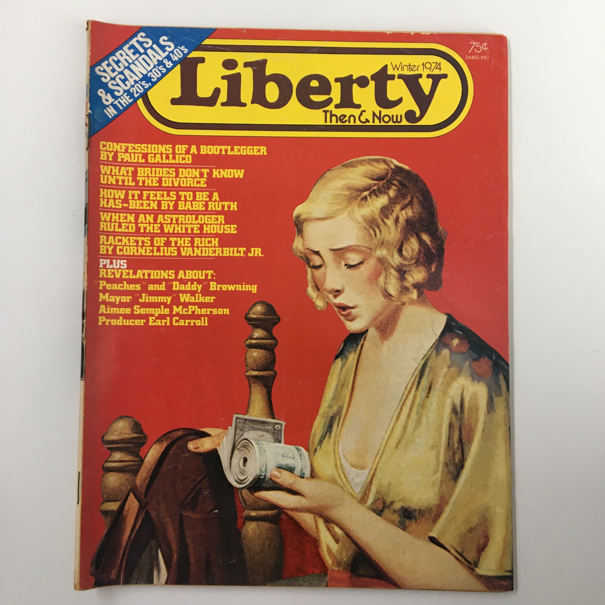 VTG Liberty Magazine from Winter 1974 featuring the cover story 'Confessions of a Bootlegger,' showcasing a vintage illustration of a woman reading money, highlighting historical significance and cultural aspects of the 1970s.
