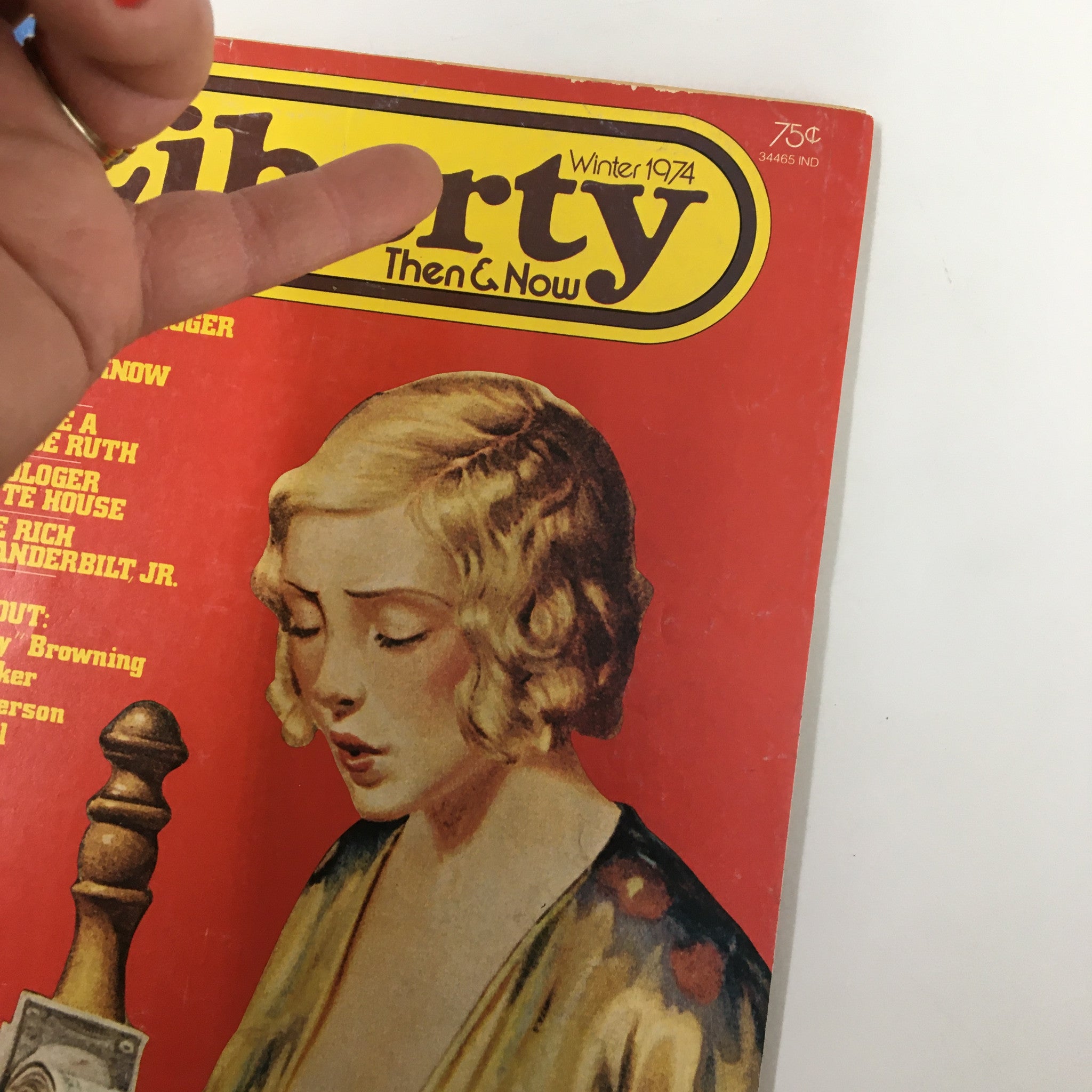 Cover of VTG Liberty Magazine Winter 1974 featuring the title "Liberty Then & Now" and an illustration of a woman, relevant to the article "Confessions of a Bootlegger." Perfect for vintage magazine collectors.