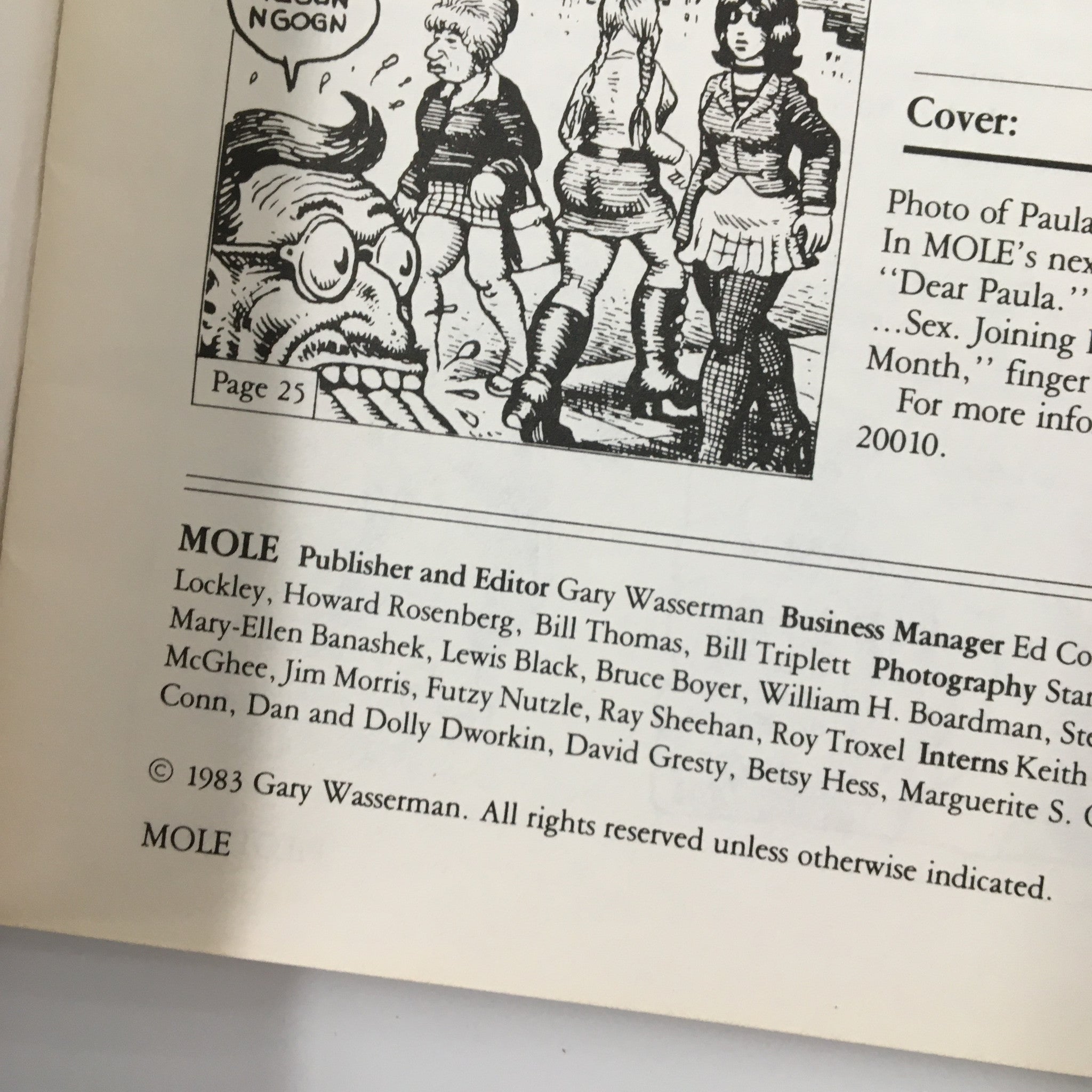 Another contents page of VTG Mole Magazine 1983 Pilot Issue, showcasing a cartoon illustration and a reference to Paula Parkinson's photo. This issue offers insights into humor and cultural commentary of the time.
