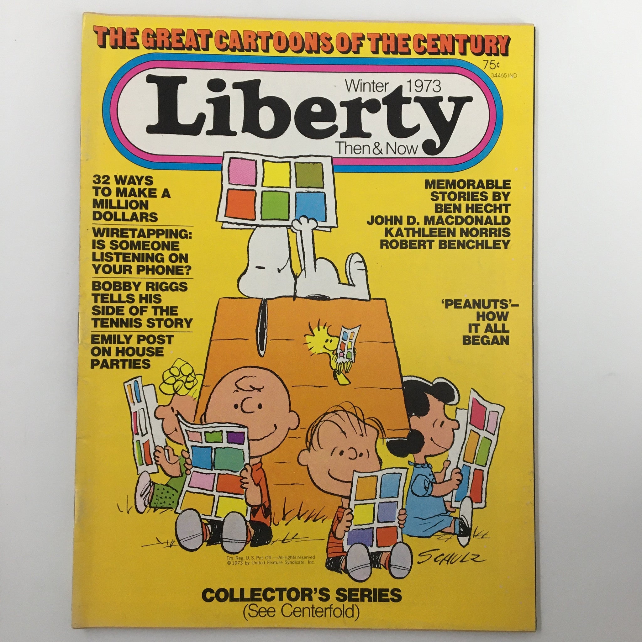 VTG Liberty Magazine Winter 1973 Peanuts How It All Began No Label, featuring characters from the Peanuts comic strip on the cover with a bright yellow background, showcasing articles and stories by notable authors.