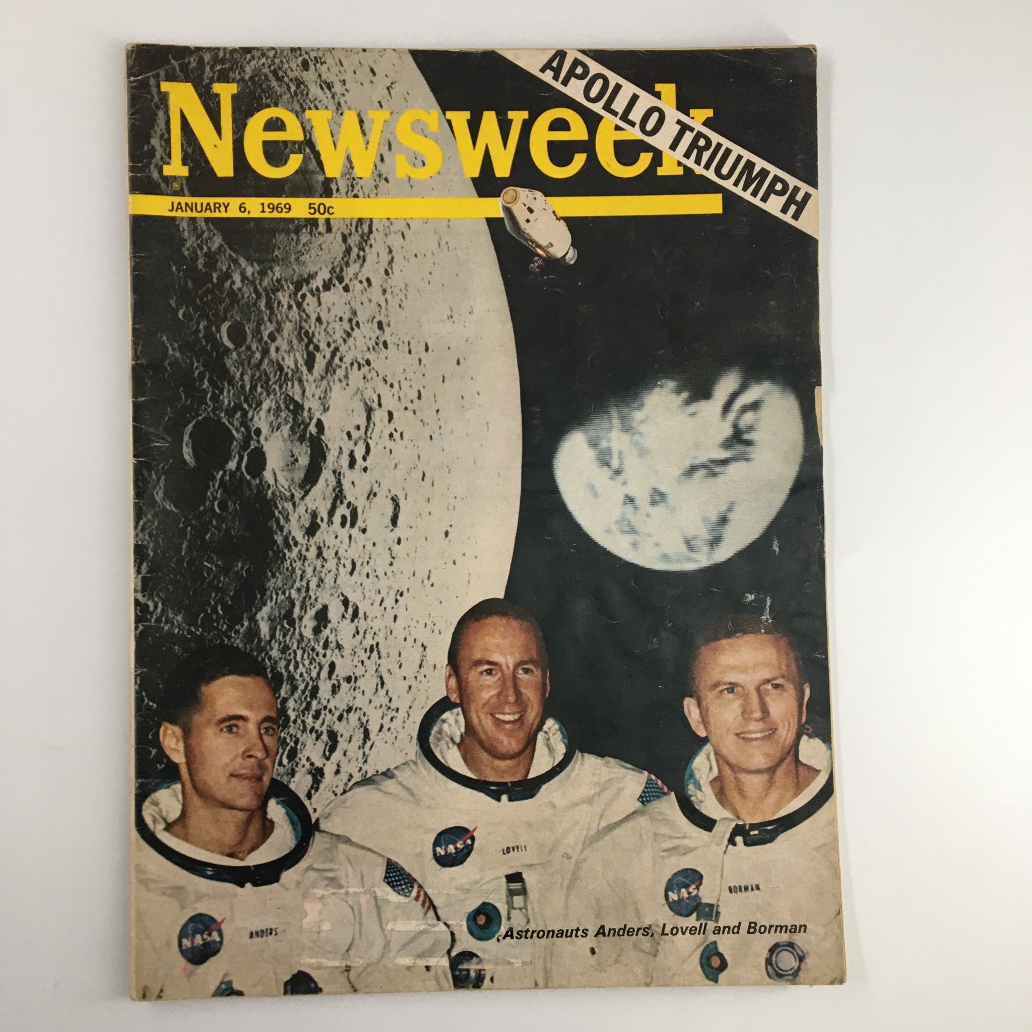 Vintage Newsweek Magazine cover from January 6, 1969, featuring the title 'Apollo Triumph'. The cover showcases astronauts Anders, Lovell, and Borman in space suits, set against a backdrop of the moon and Earth, celebrating the Apollo 8 mission.
