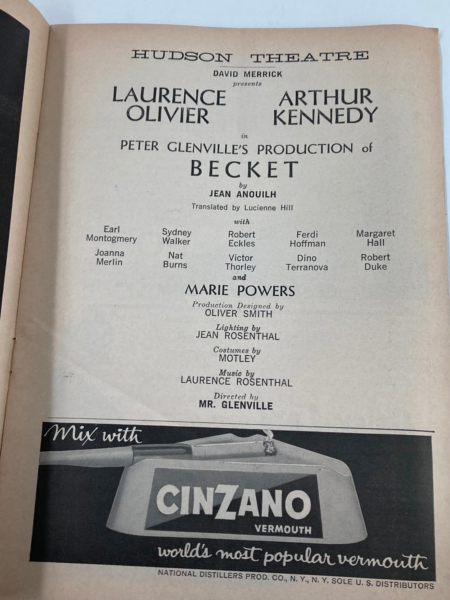 1961 Playbill Hudson Theatre Laurence Olivier, Arthur Kennedy in Becket