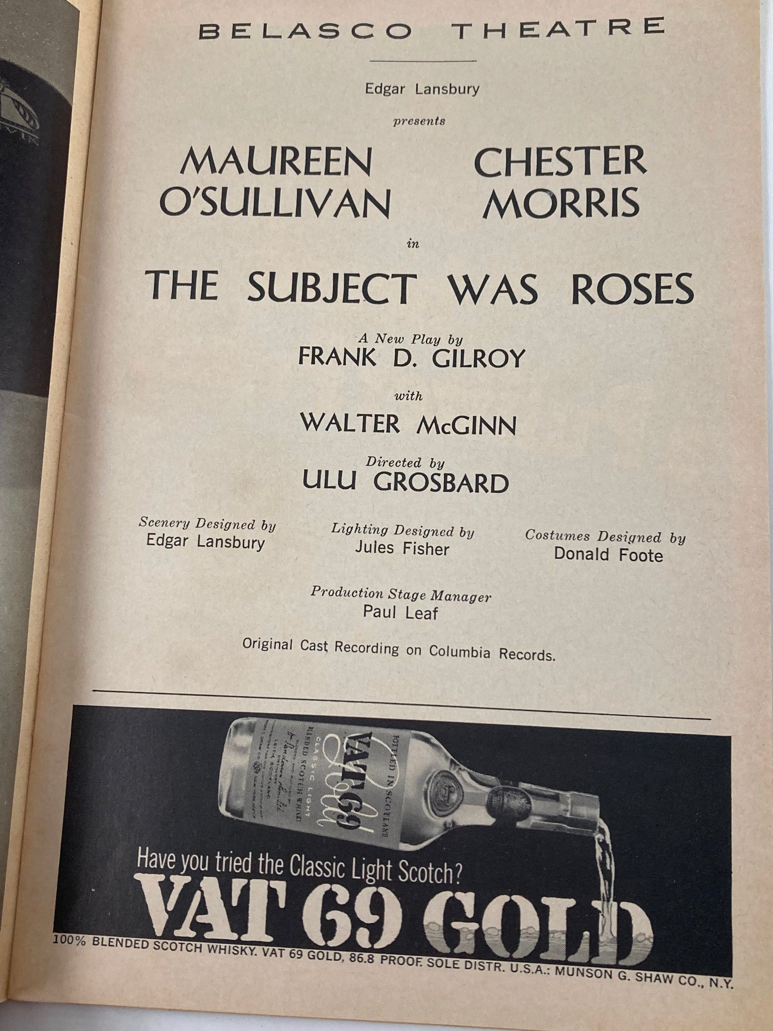 1966 Playbill Belasco Theatre Maureen O'Sullivan in The Subject Was Roses