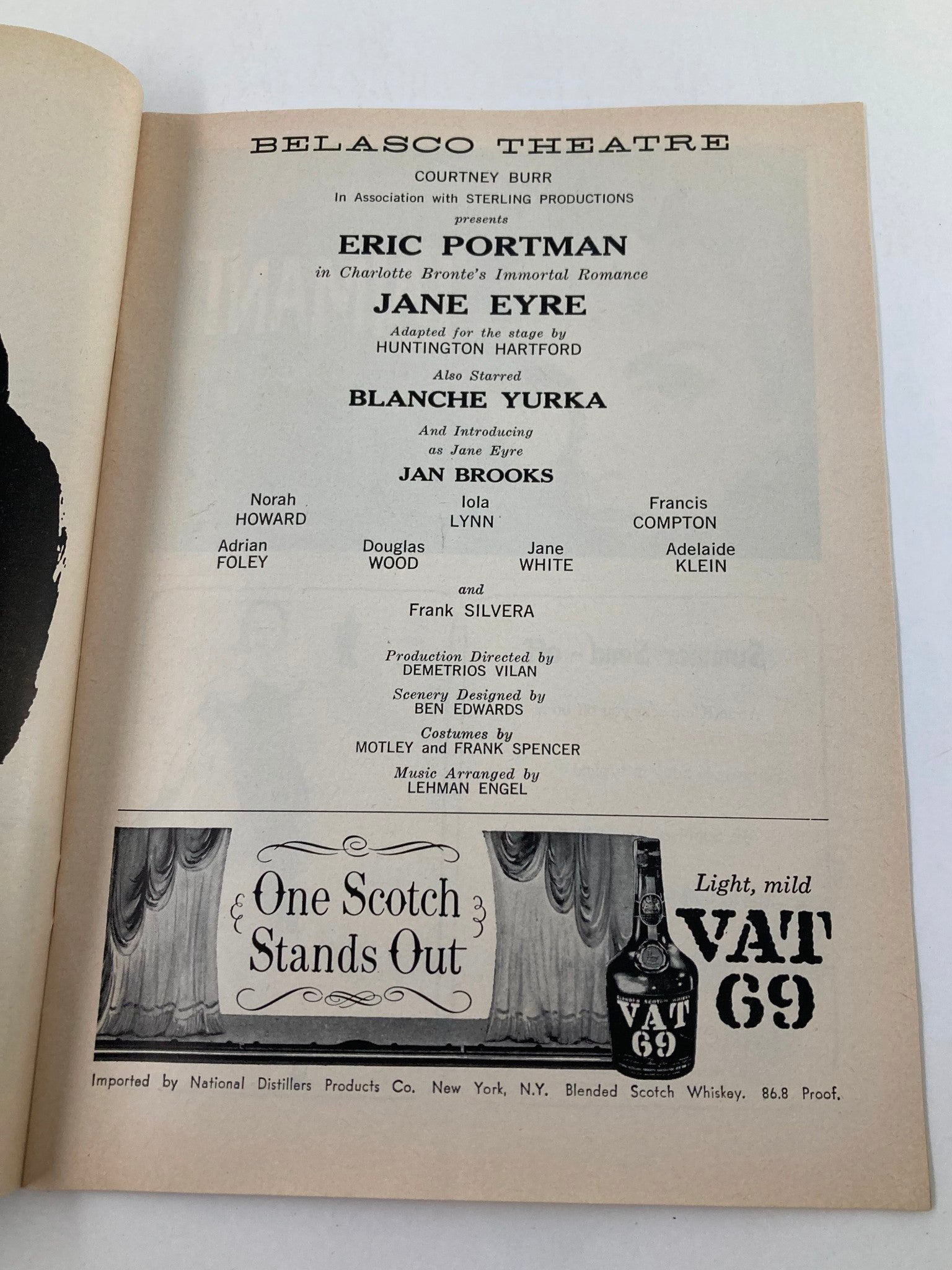 1958 Playbill Belasco Theatre Blanche Yurka, Jan Brooks in Jane Eyre