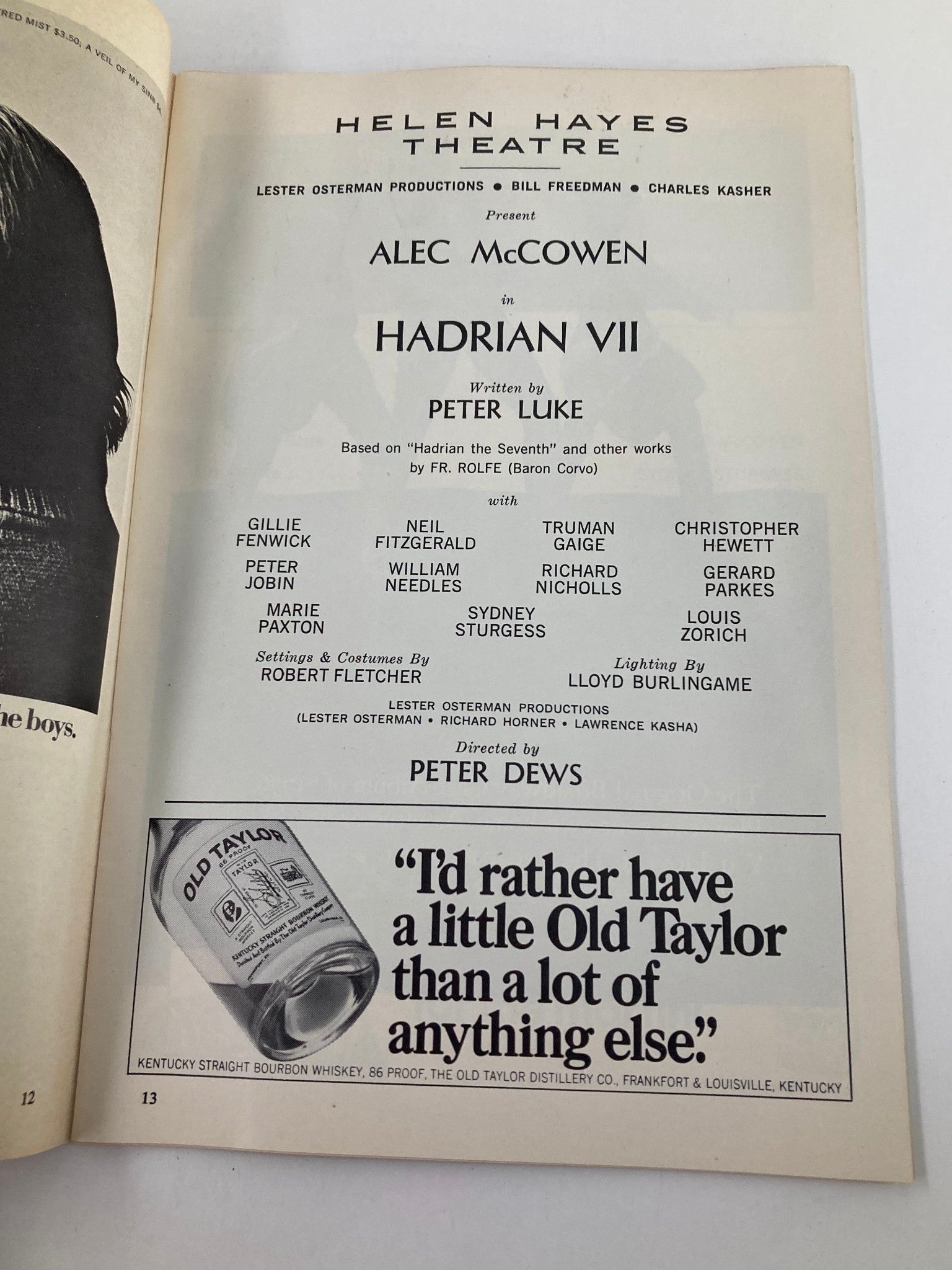 1969 Playbill Helen Hayes Theatre Alec McCowen, Gillie Fenwick in Hadrian VII