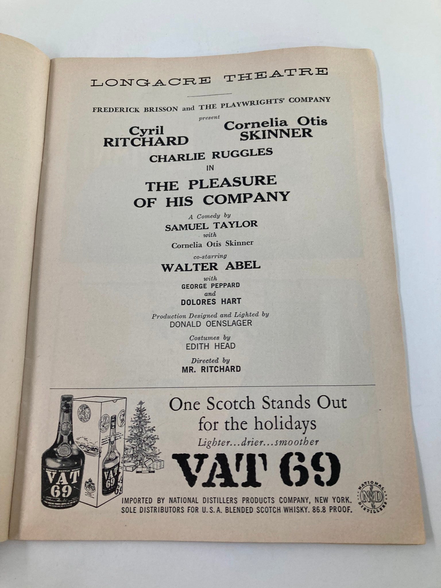 1958 Playbill Longacre Theatre Charles Ruggles in The Pleasure of his Company