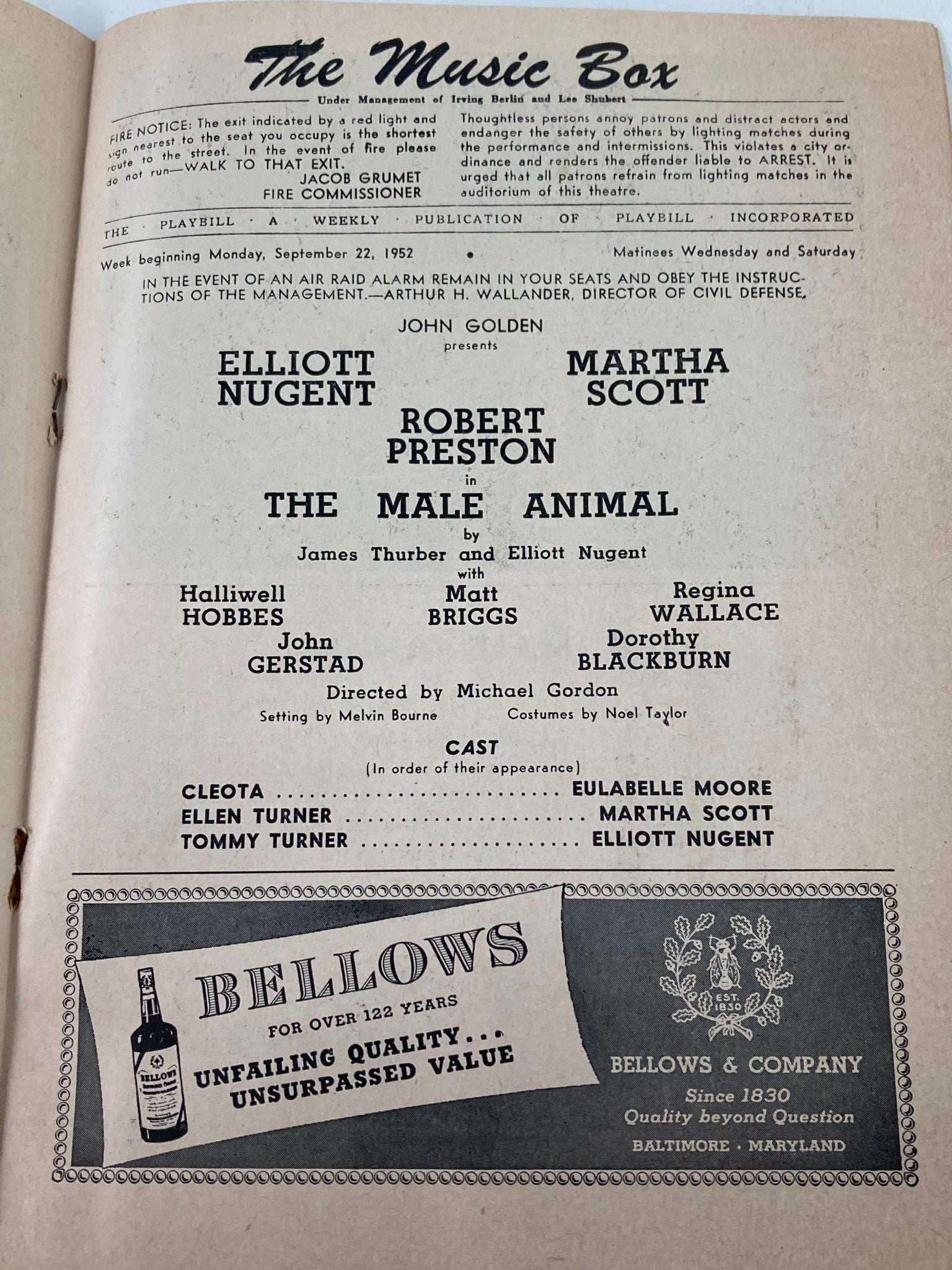 1952 Playbill The Music Box Elliot Nugent, Martha Scott in The Male Animal