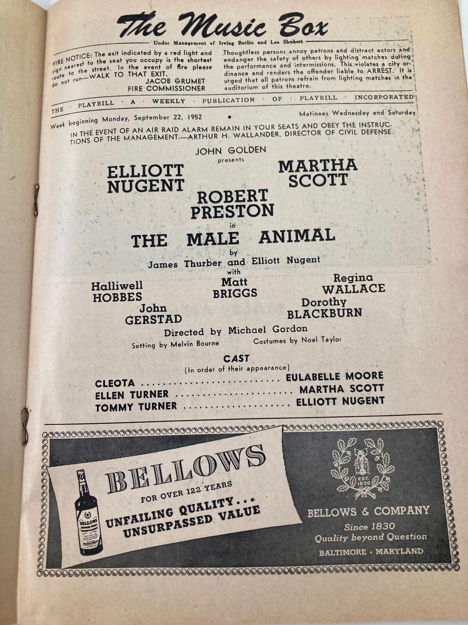 1952 Playbill The Music Box Robert Preston, Martha Scott in The Male Animal