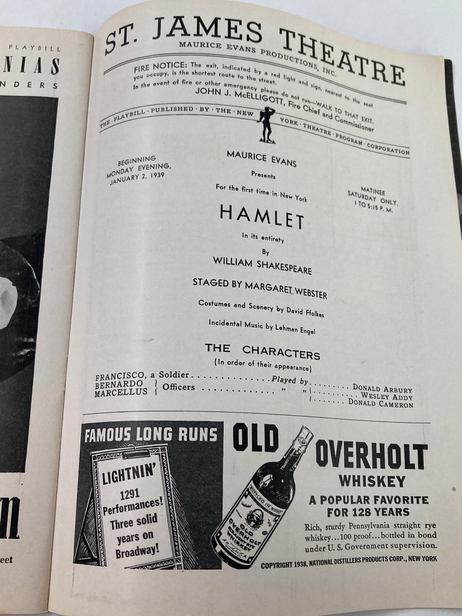 1939 Playbill St. James Theatre Donald Arbury in Hamlet by William Shakespeare