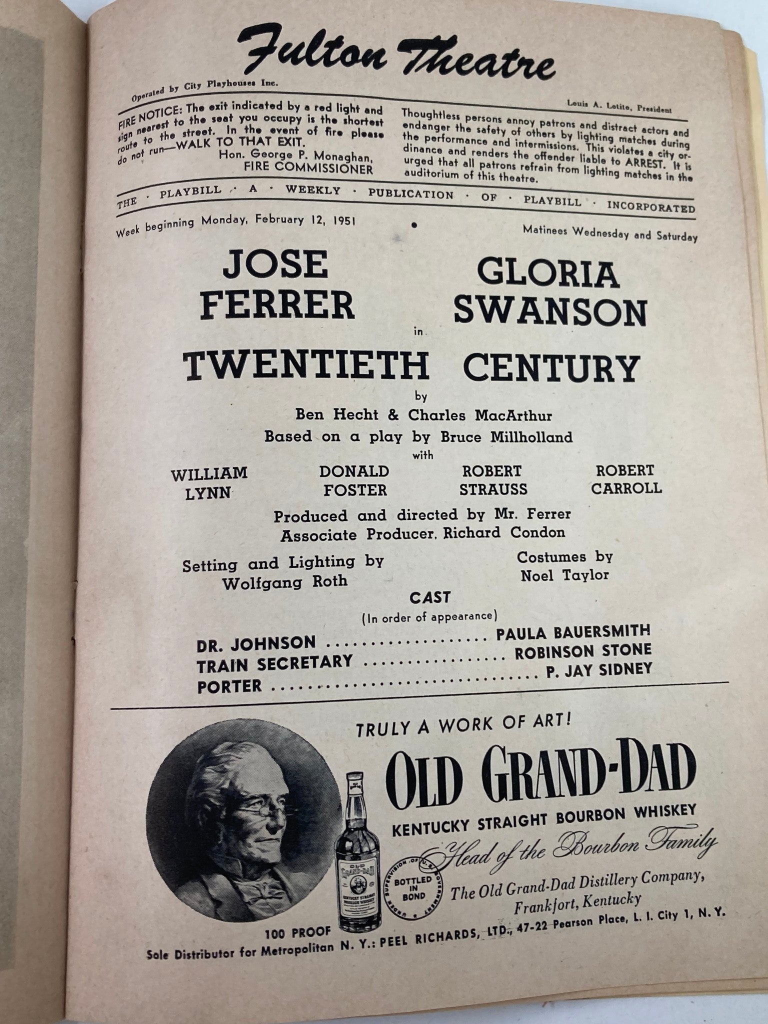 1951 Playbill Fulton Theatre Jose Ferrer, Gloria Swanson in Twentieth Century