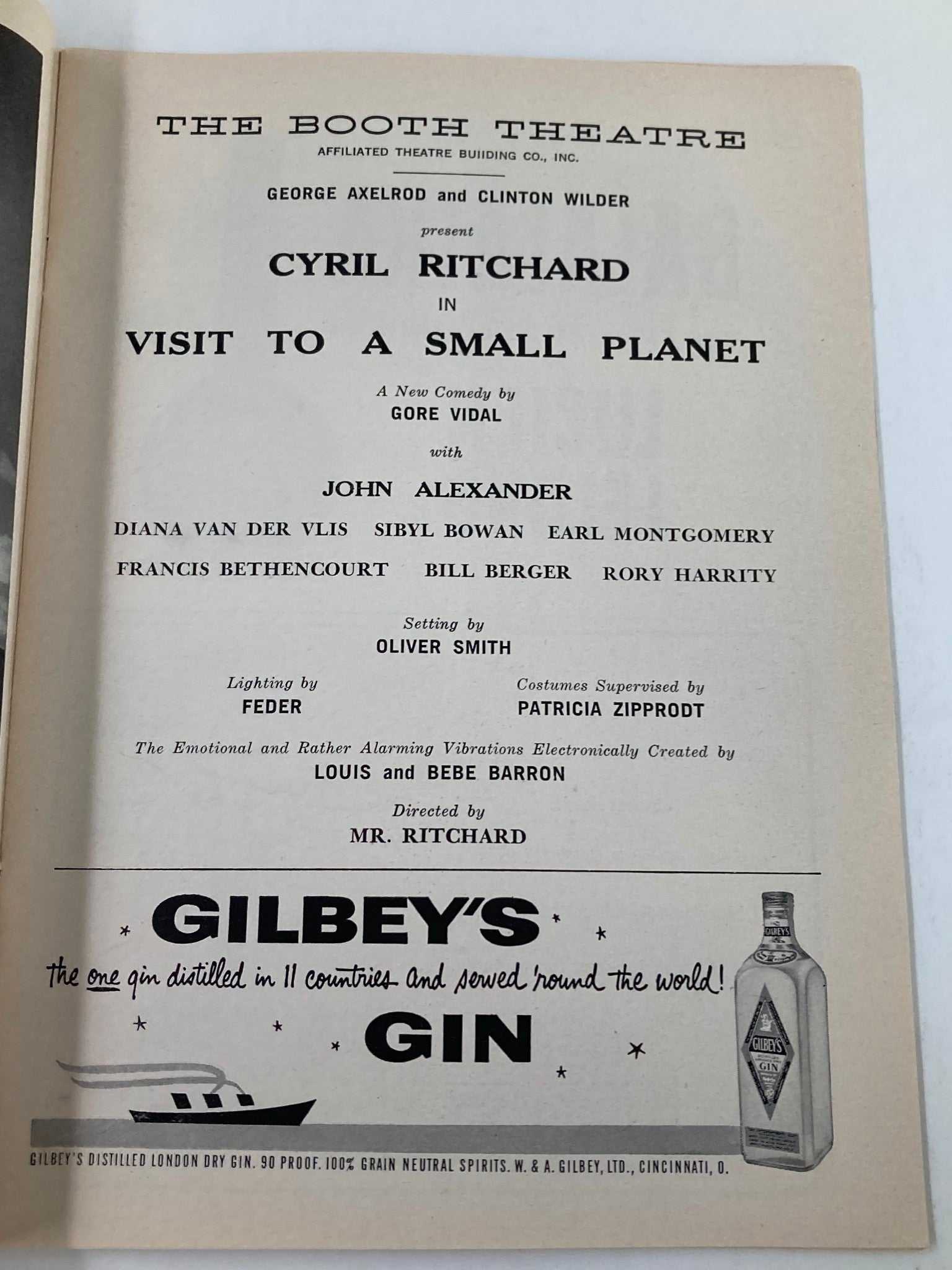 1958 Playbill The Booth Theatre Cyril Ritchard in Visit To A Small Planet