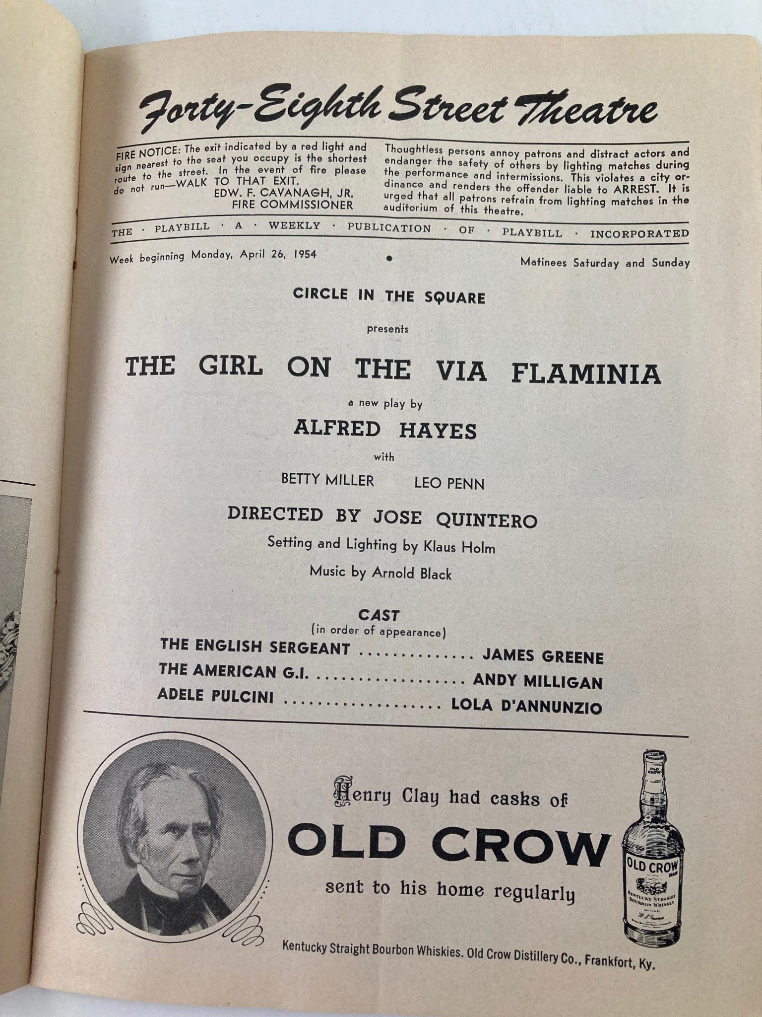 1954 Playbill Forty-Eigth St. Theatre Leo Penn in The Girl on the Via Flamina