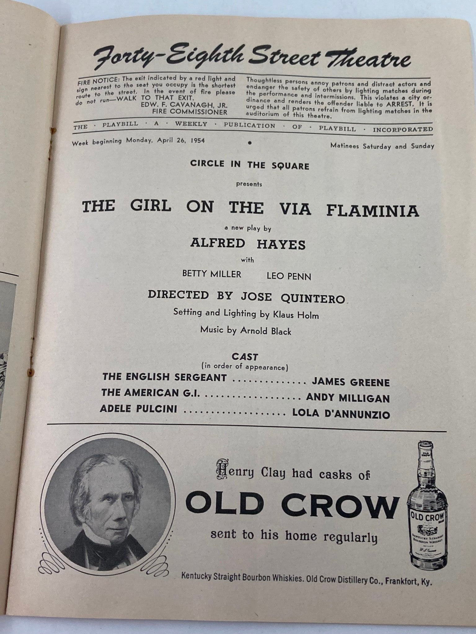 1954 Playbill Forty-Eigth St. Theatre Betty Miller, The Girl on the Via Flamina