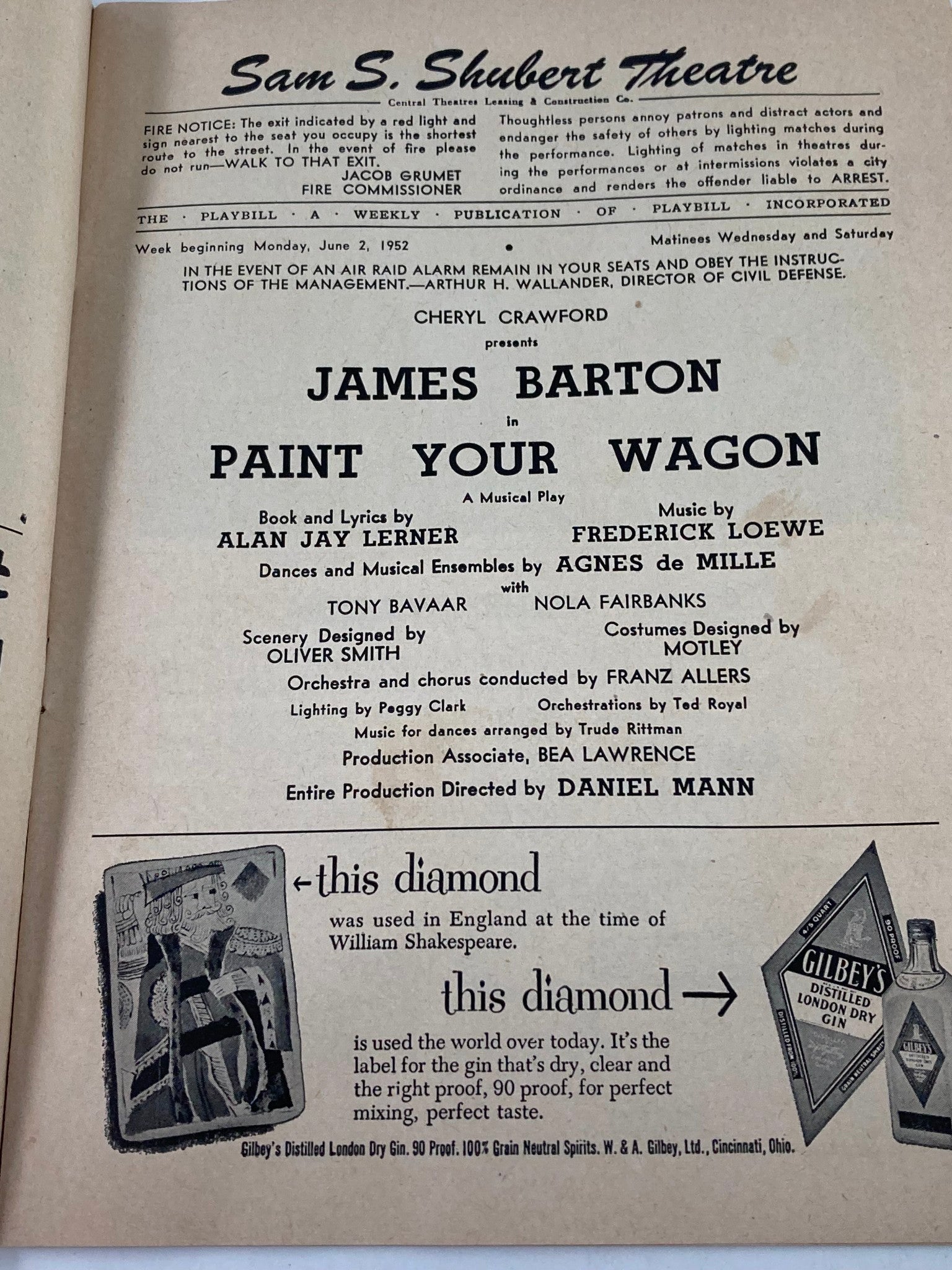 1952 Playbill Sam S. Shubert Theatre James Barton in Paint Your Wagon