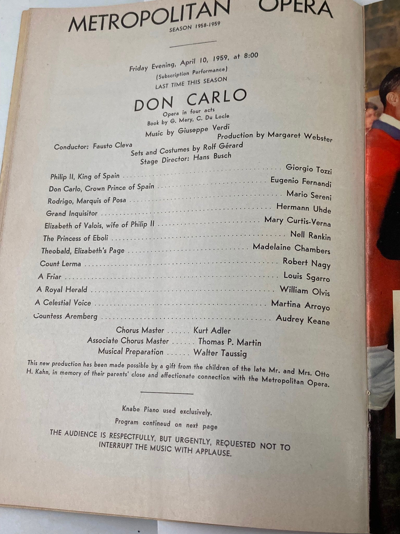 1959 Playbill Metropolitan Opera Season 1958-1959 Giorgio Tozzi in Don Carlo