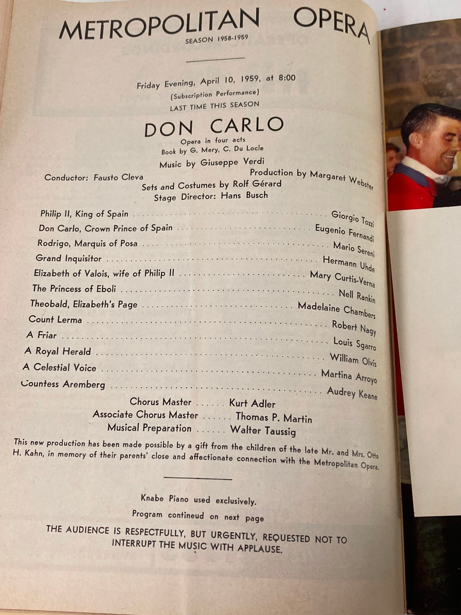 1959 Playbill Metropolitan Opera Season 1958-1959 Mario Sereni in Don Carlo