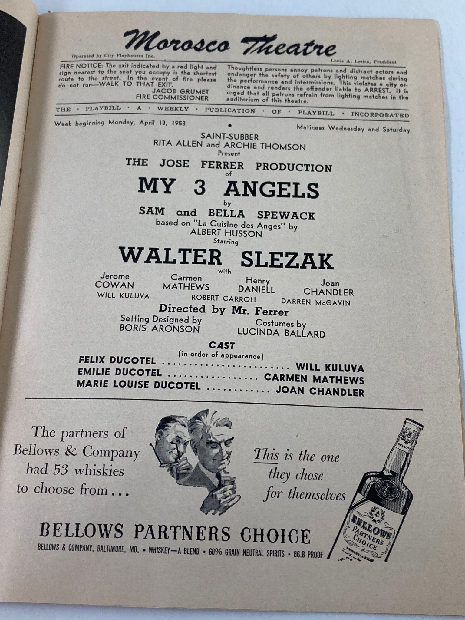 1953 Playbill Morosco Theatre Walter Slezak and Jerome Cowan in My 3 Angels