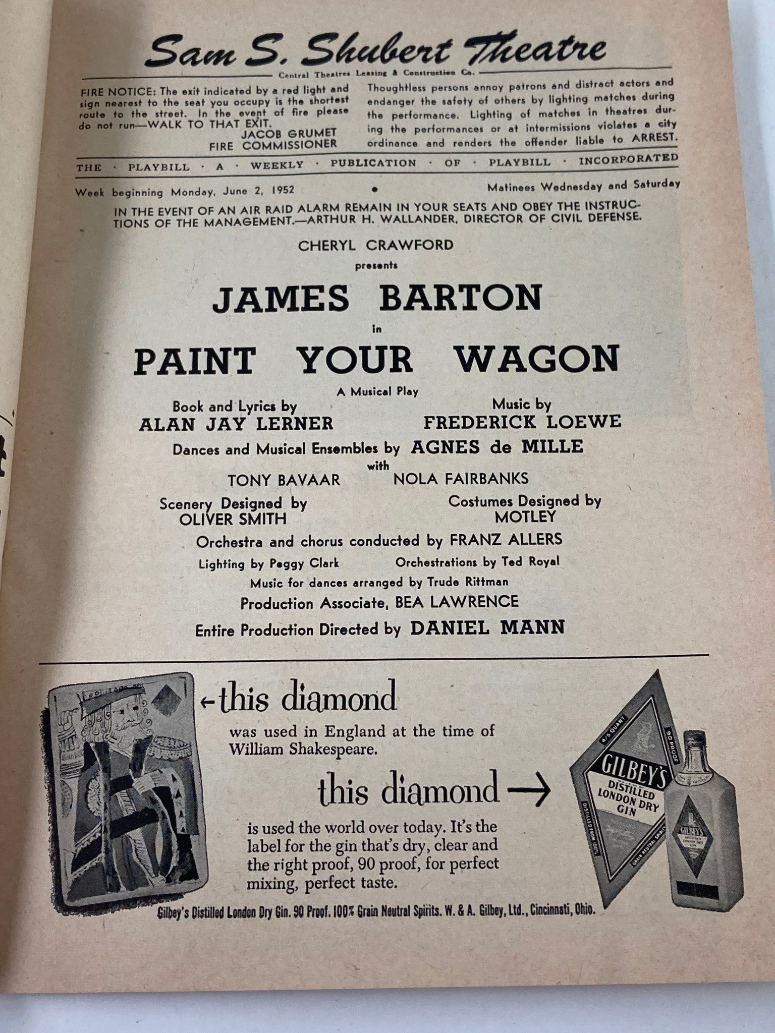 1952 Playbill Sam S. Shubert Theatre James Barton in Paint Your Wagon