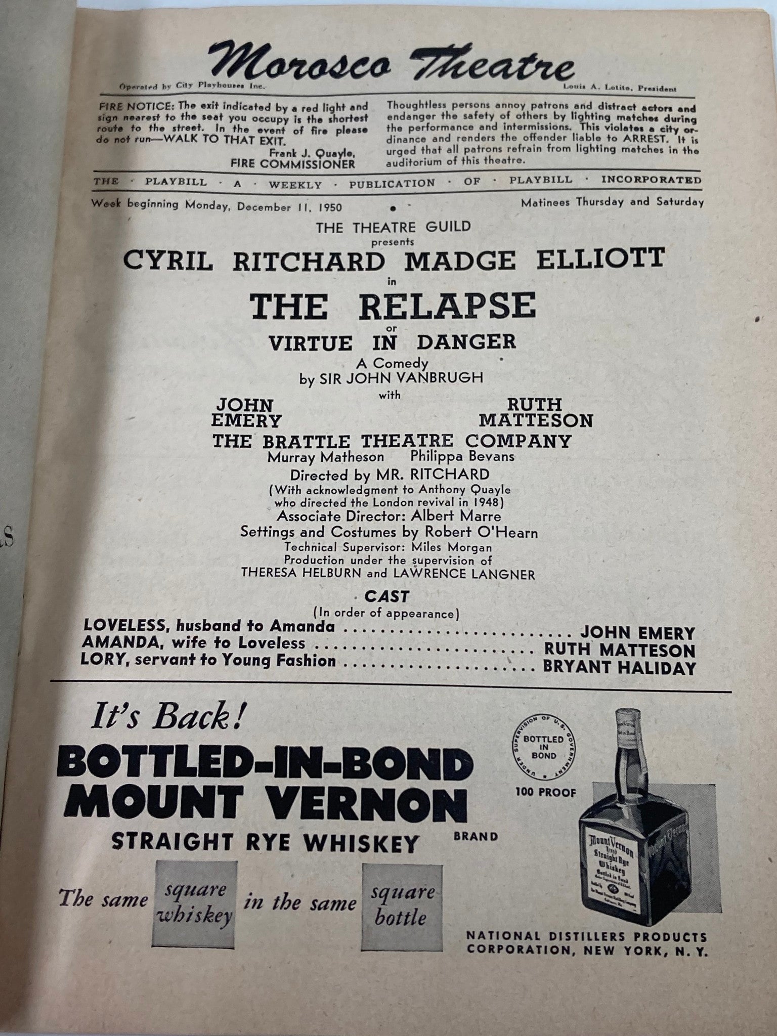 1950 Playbill Morosco Theatre Cyril Ritchard and Madge Elliott in The Relapse