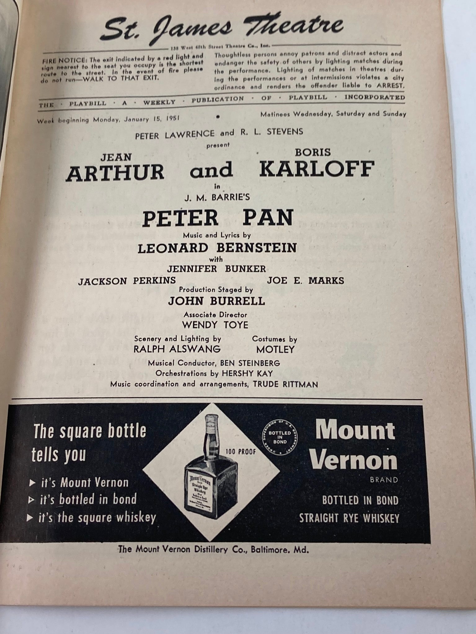 1951 Playbill St. James Theatre Jean Arthur & Boris Karloff in Peter Pan