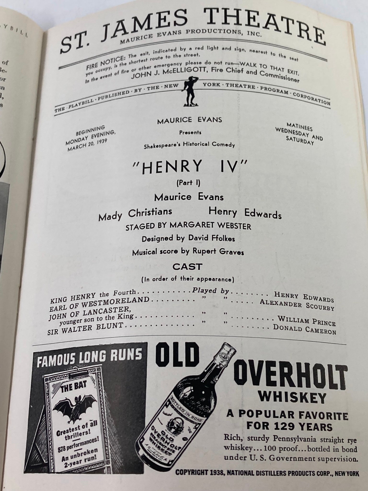 1939 Playbill St. James Theatre Mady Christians, Henry Edwards in Henry IV