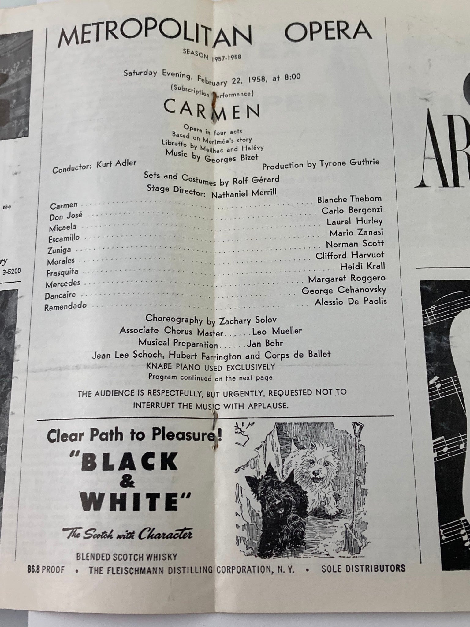 1958 Metropolitan Opera Program Blanche Thebom & Carlo Bergonzi in Carmen