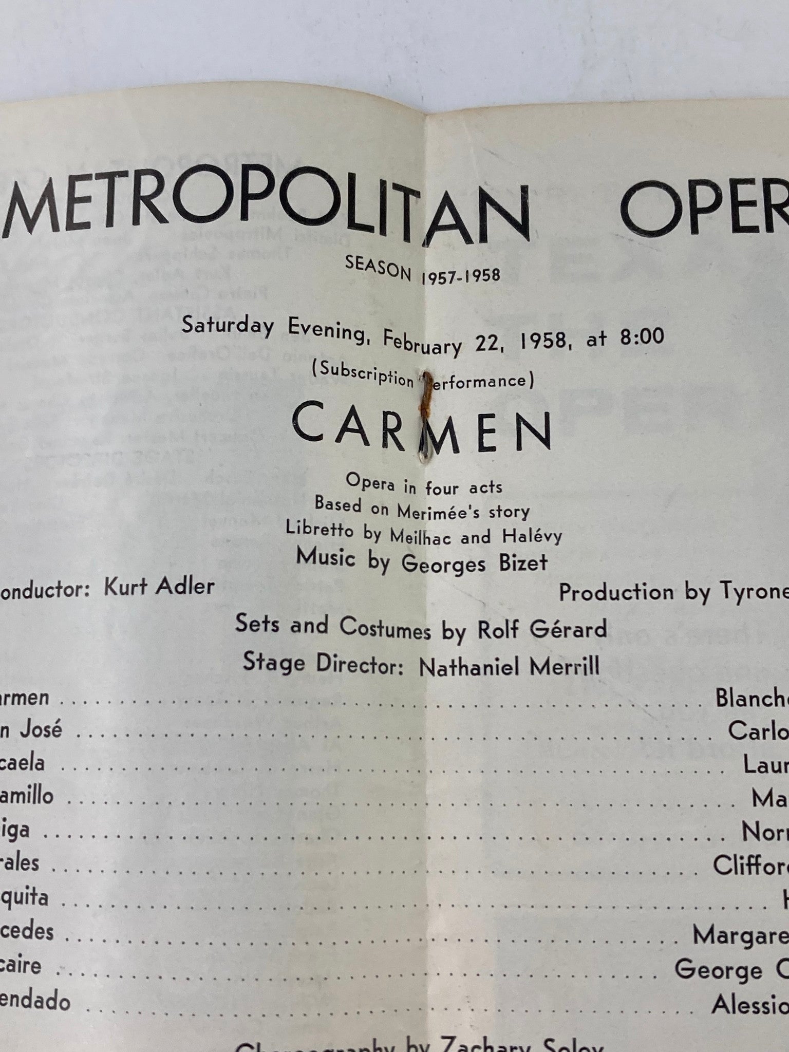 1958 Metropolitan Opera Program Blanche Thebom & Carlo Bergonzi in Carmen