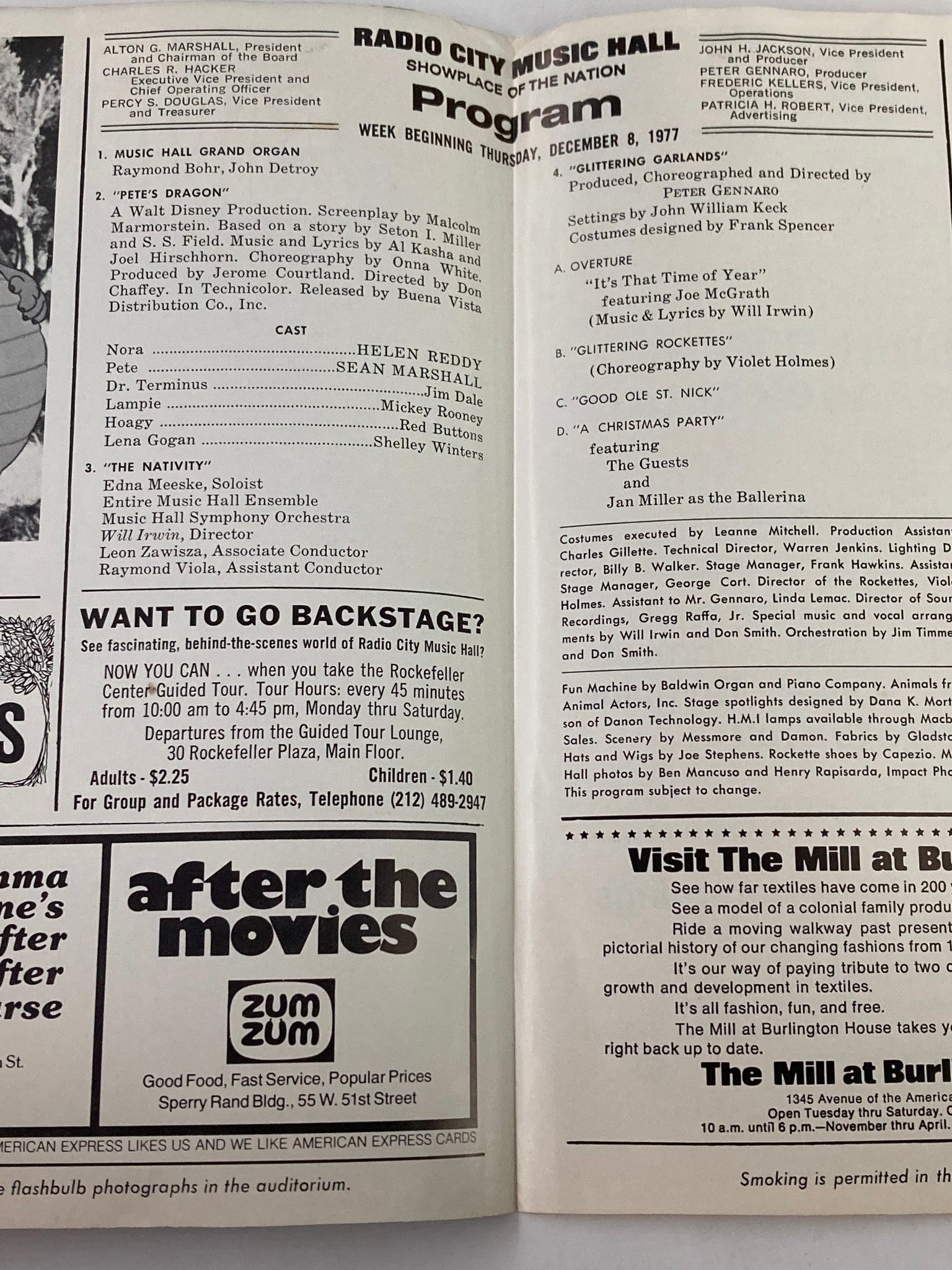 Inside page of the 1977 Radio City Hall Program detailing the performances of Helen Reddy and Sean Marshall in Pete's Dragon, including cast information and show details.