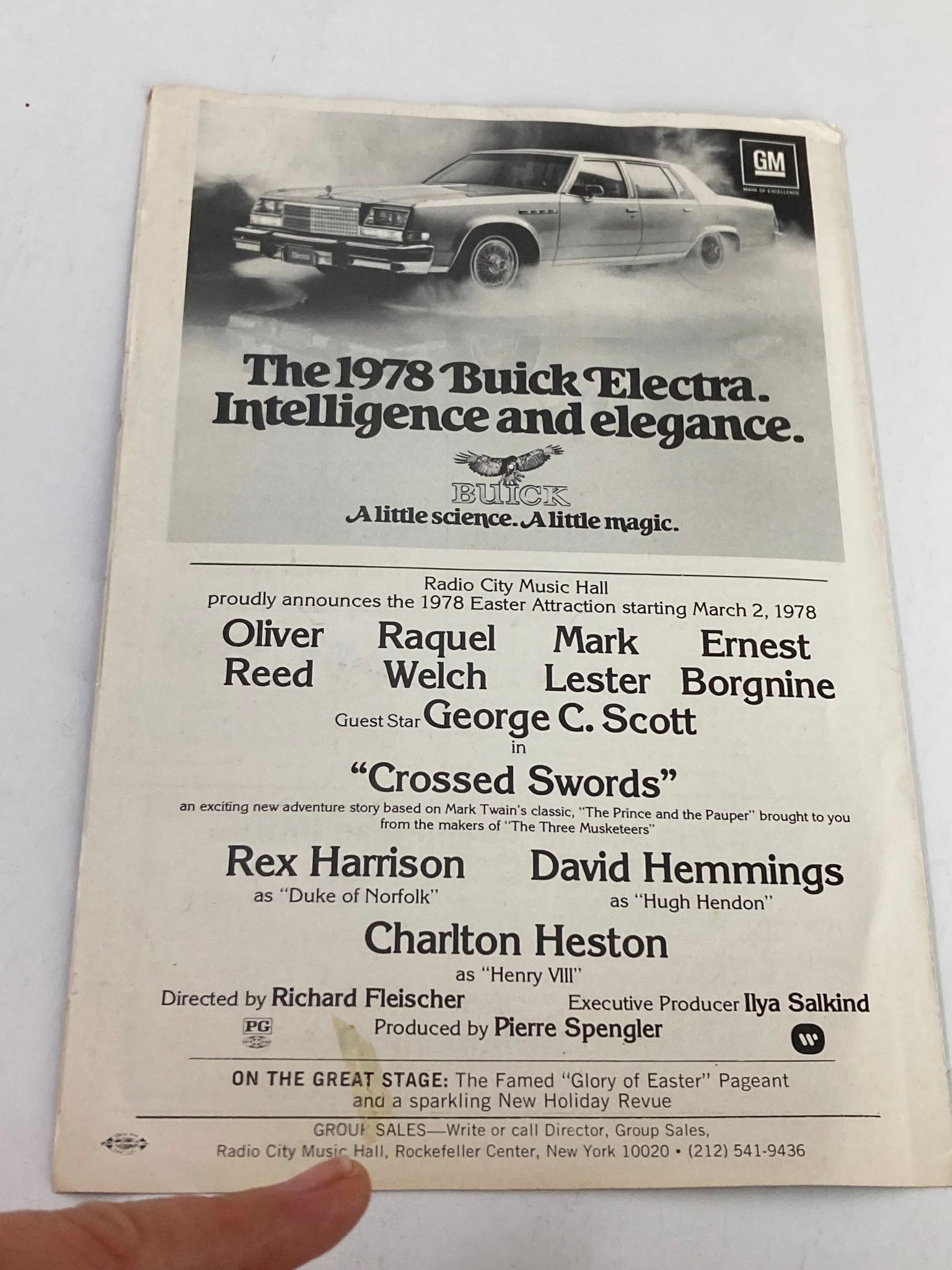 Back cover of the 1977 Radio City Hall Program featuring an advertisement for the 1978 Buick Electra, illustrating the style of the era.