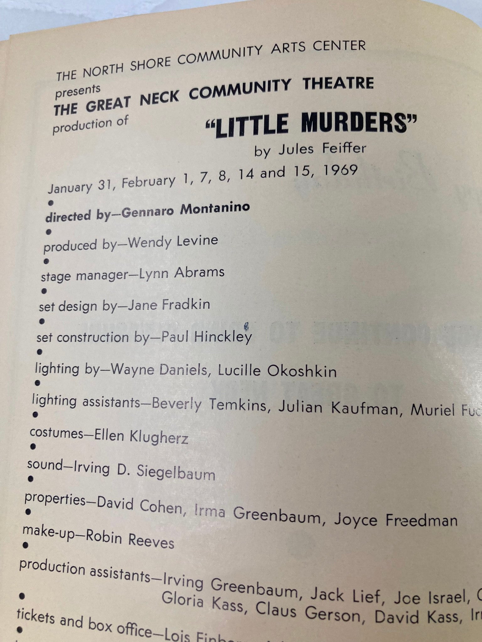 1969 Great Neck Community Theatre Inc. Program Lisa Alonge in Little Murders