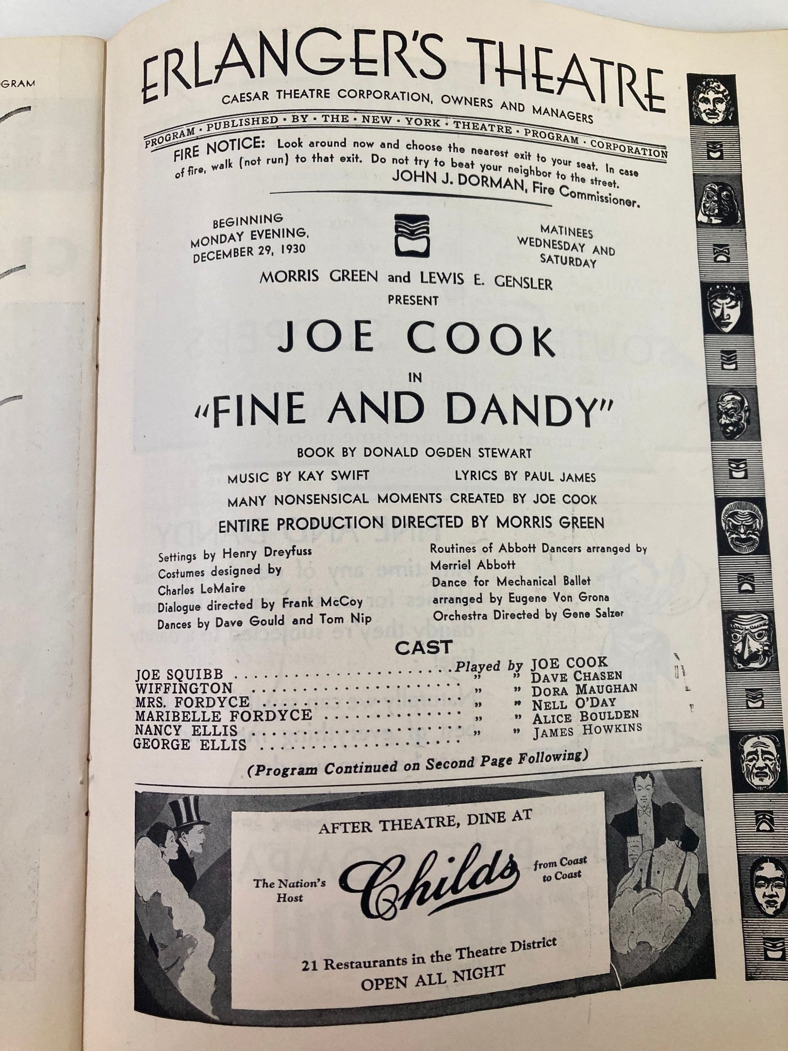 1930 Program Erlanger's Theatre Joe Cook, Dave Chasen in Fine and Dandy