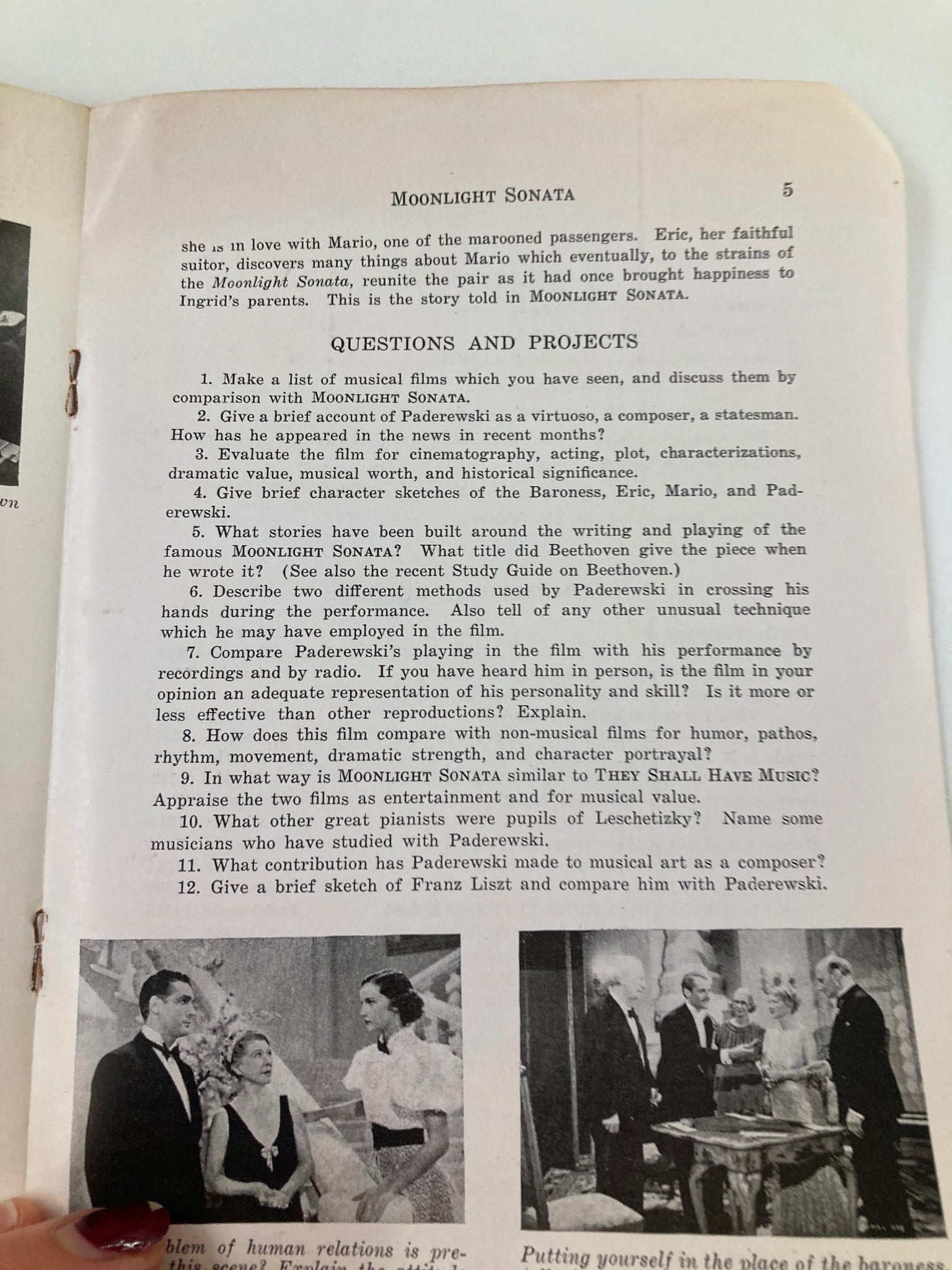 Interior page of 1939 Photoplay Studies Program Vol 5 #14, displaying questions and projects related to the Moonlight Sonata film, highlighting its educational content.