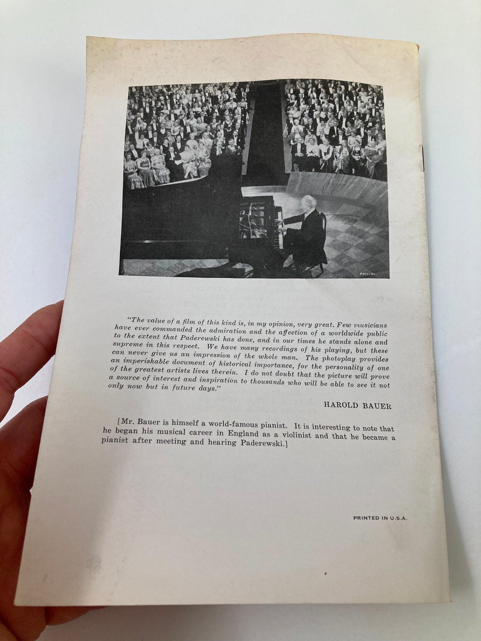 Back cover of 1939 Photoplay Studies Program Vol 5 #14 with a photograph and quote by Harold Bauer discussing the significance of Paderewski's performance, reflecting the magazine's focus on musical history.