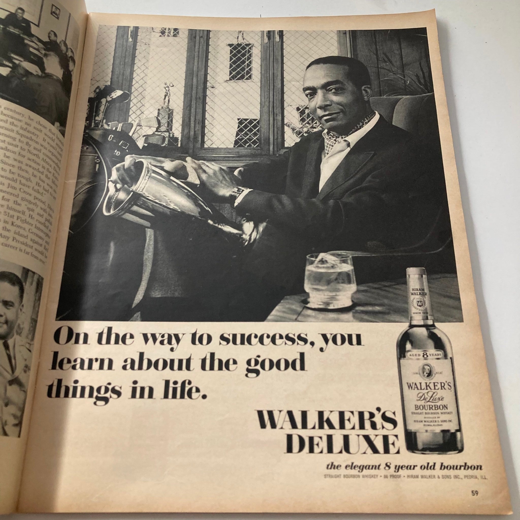 A vintage advertisement from the VTG Ebony Magazine August 1968, Vol 23 No. 10 The Black Soldier Special Issue featuring a man in a suit enjoying a drink and promoting Walker's Deluxe Bourbon with the caption about success.