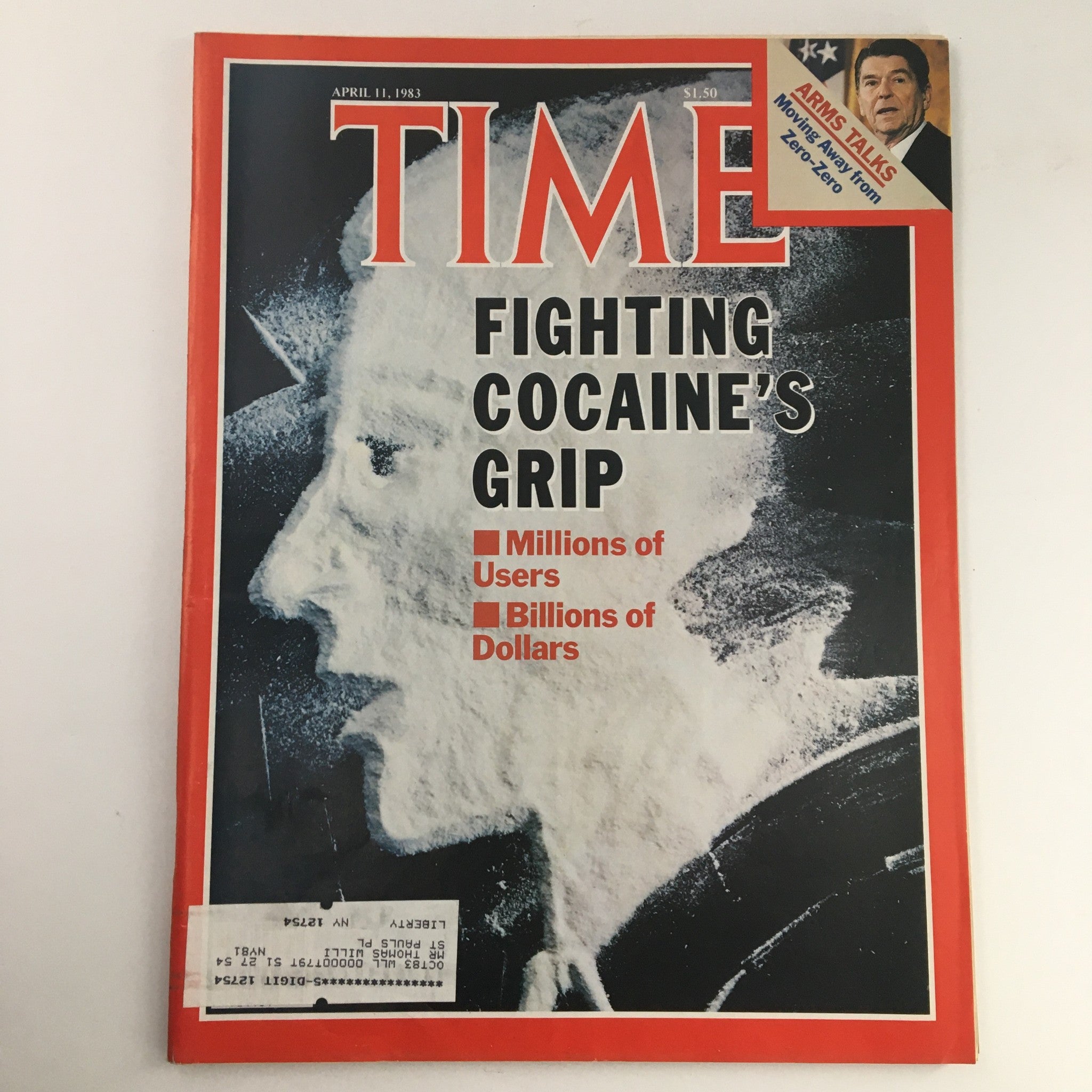 Time Magazine April 11 1983 Vol 121 #15 cover featuring the title 'Fighting Cocaine's Grip', highlighting the impact of cocaine addiction with imagery related to drug use and statistics on millions of users and billions of dollars.